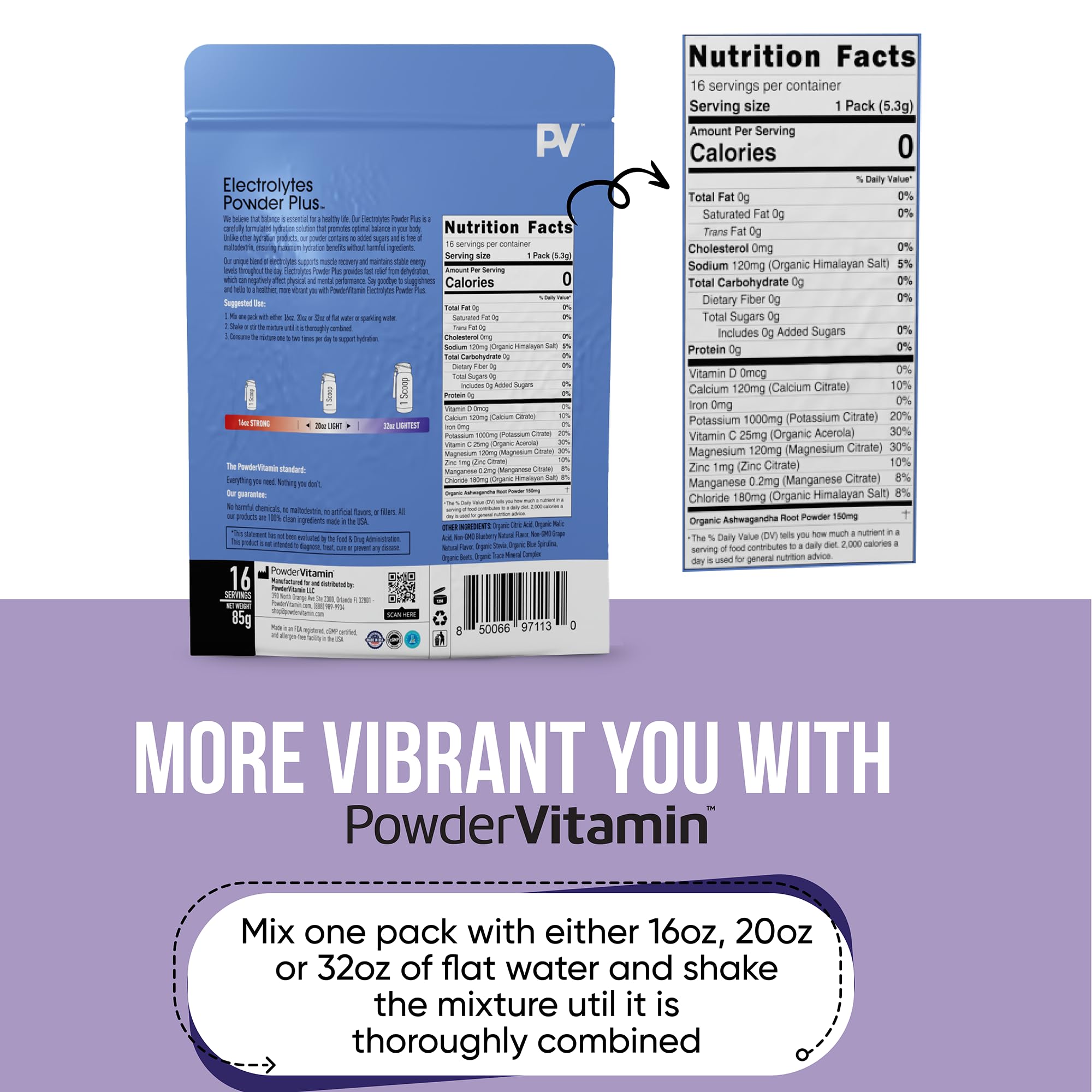 Disolución rápida de PowderVitamin Electrolytes en agua para bebida sin azúcar.