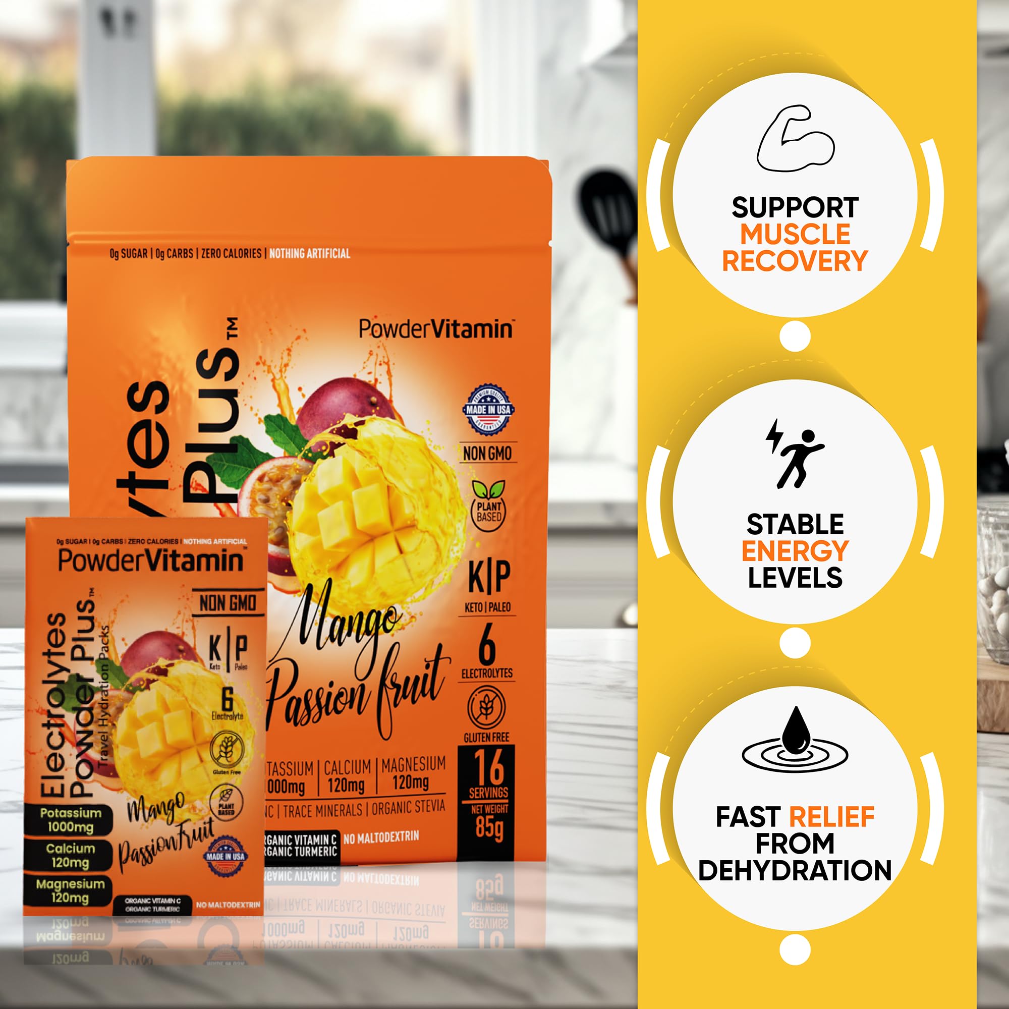 PowderVitamin Electrolytes Plus etiqueta sin azúcar y sin rellenos.