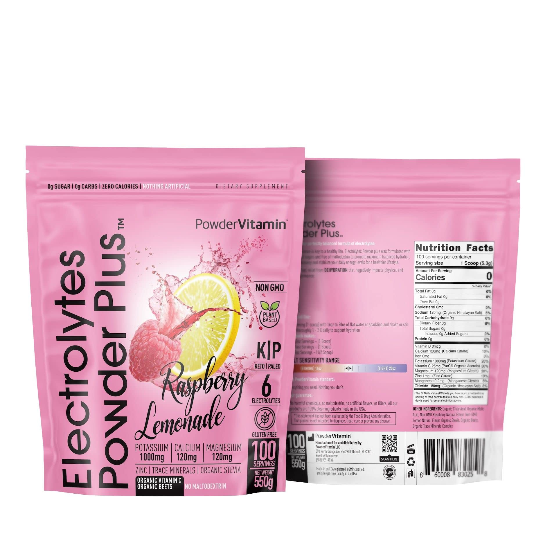PowderVitamin Electrolytes Powder Plus frambuesa limón en envase frontal para hidratación sabrosa