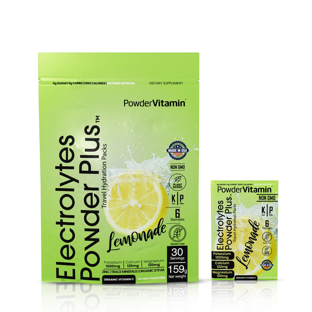 PowderVitamin Electrolytes Plus en envase, hidratación refrescante durante entrenamientos.