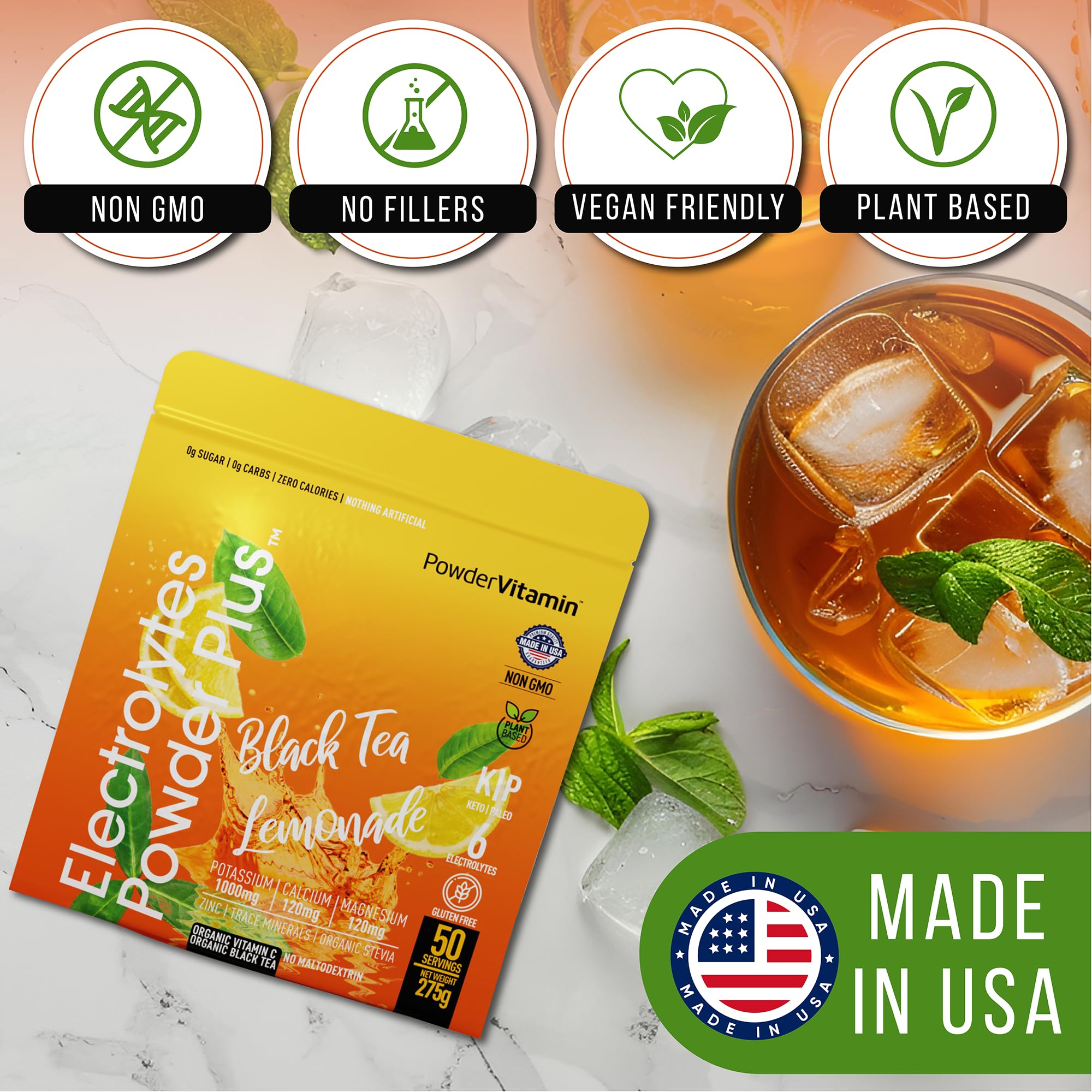PowderVitamin Electrolytes Powder Plus sabor té negro limón, bebida refrescante