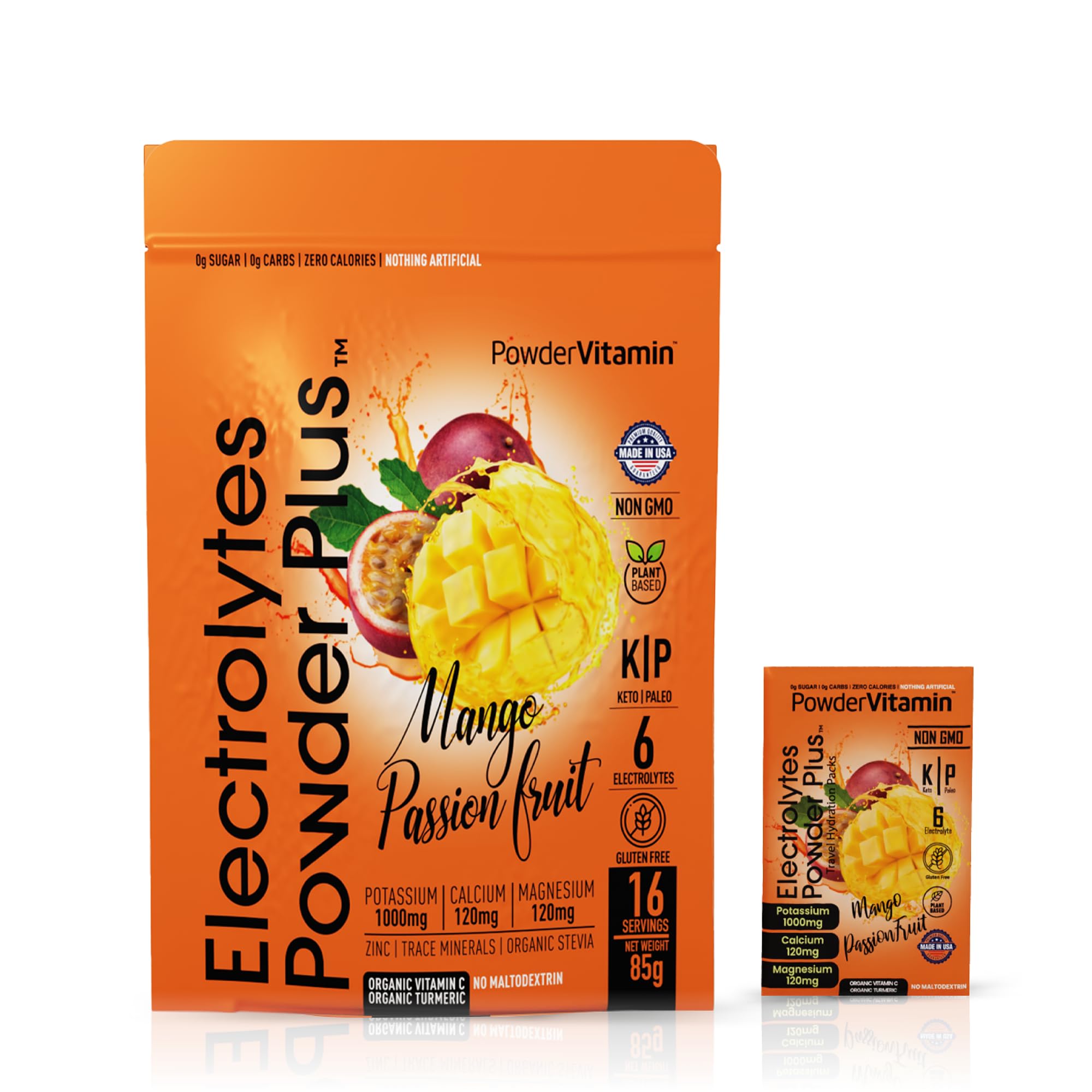PowderVitamin Electrolytes Plus en sobre Mango-Pasion para mantener la hidratación.