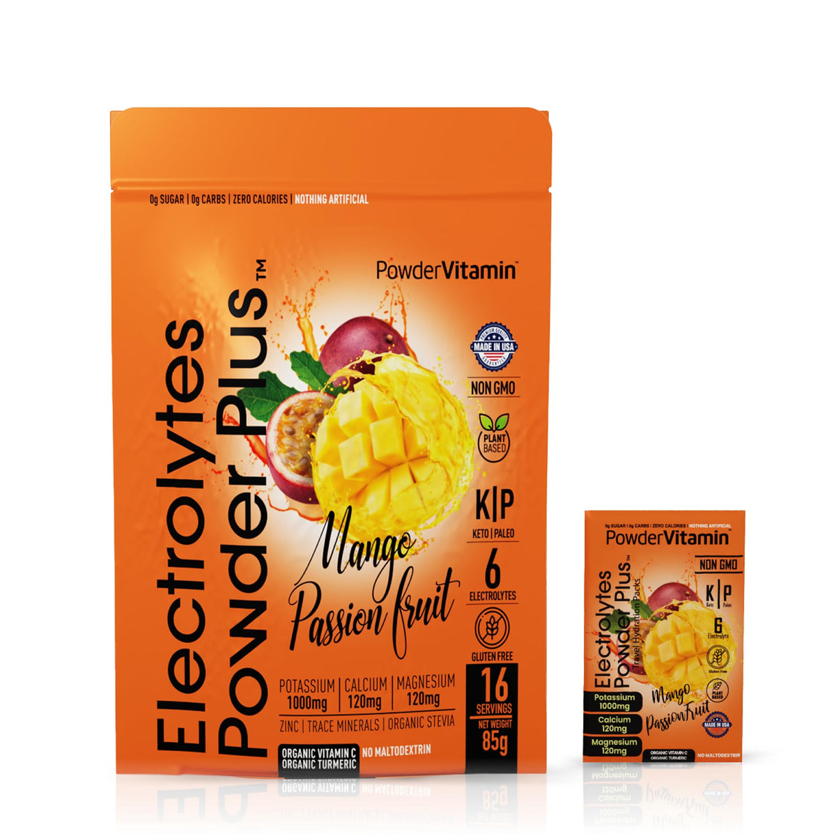 PowderVitamin Electrolytes Plus en sobre Mango-Pasion para mantener la hidratación.