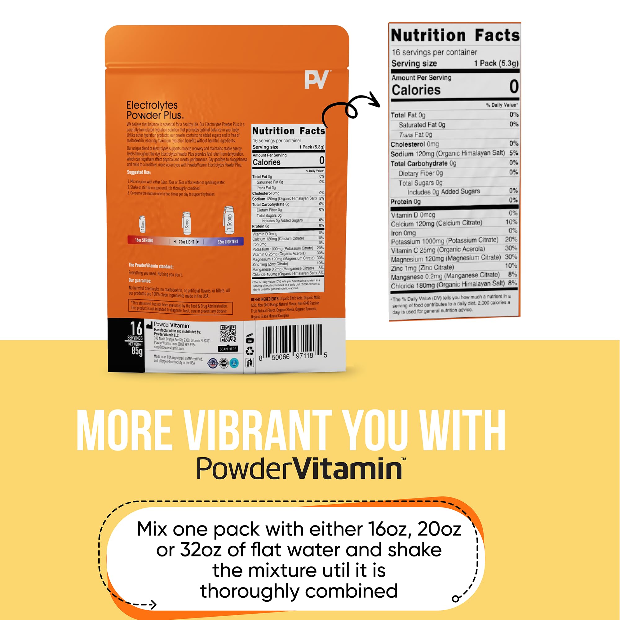 PowderVitamin Electrolytes Plus disuelto en agua, bebida cetogénica sin calorías.