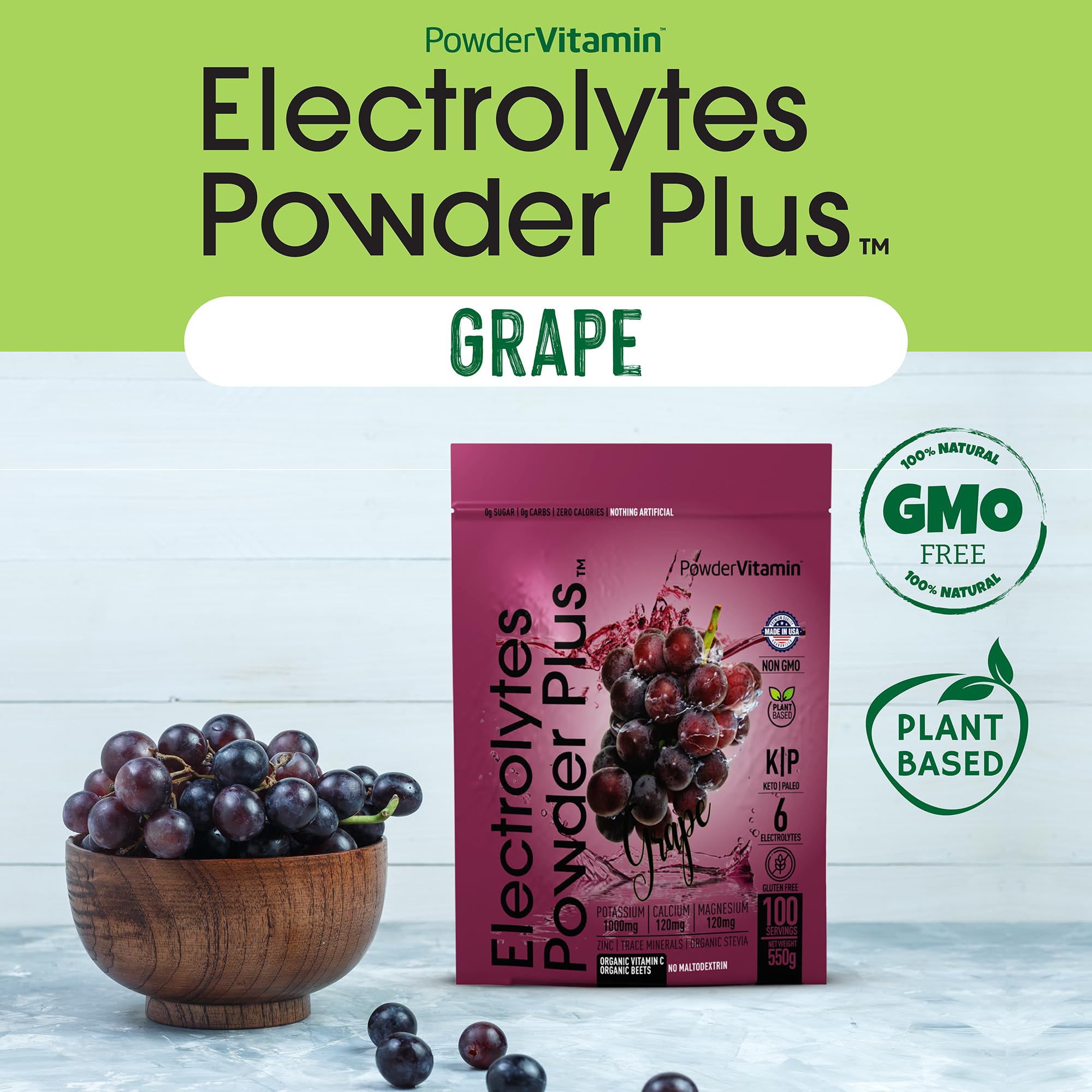 PowderVitamin Electrolytes Plus listo para mezclar en agua con sabor uva