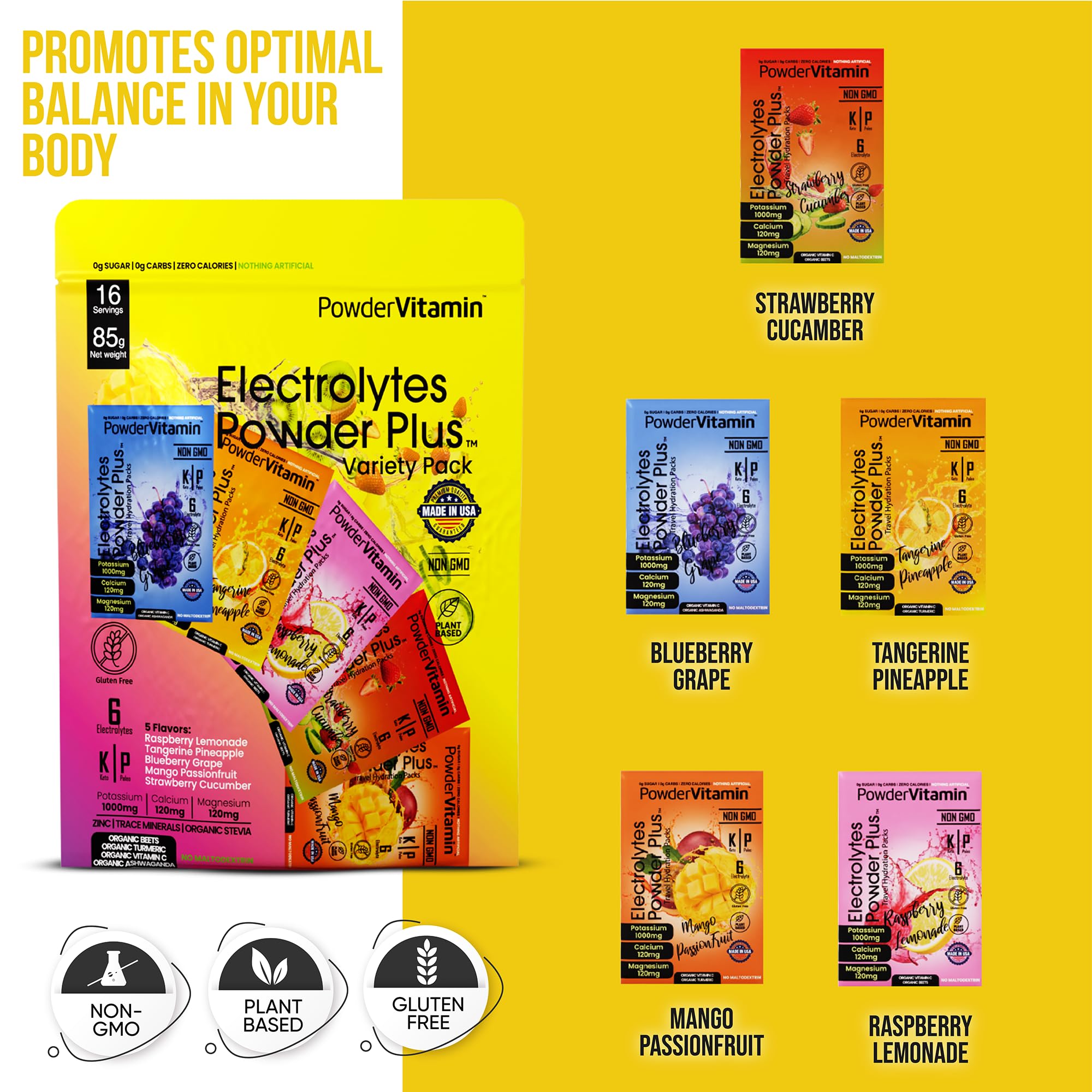 PowderVitamin Electrolytes Powder Plus pack de variedad B para bebidas.