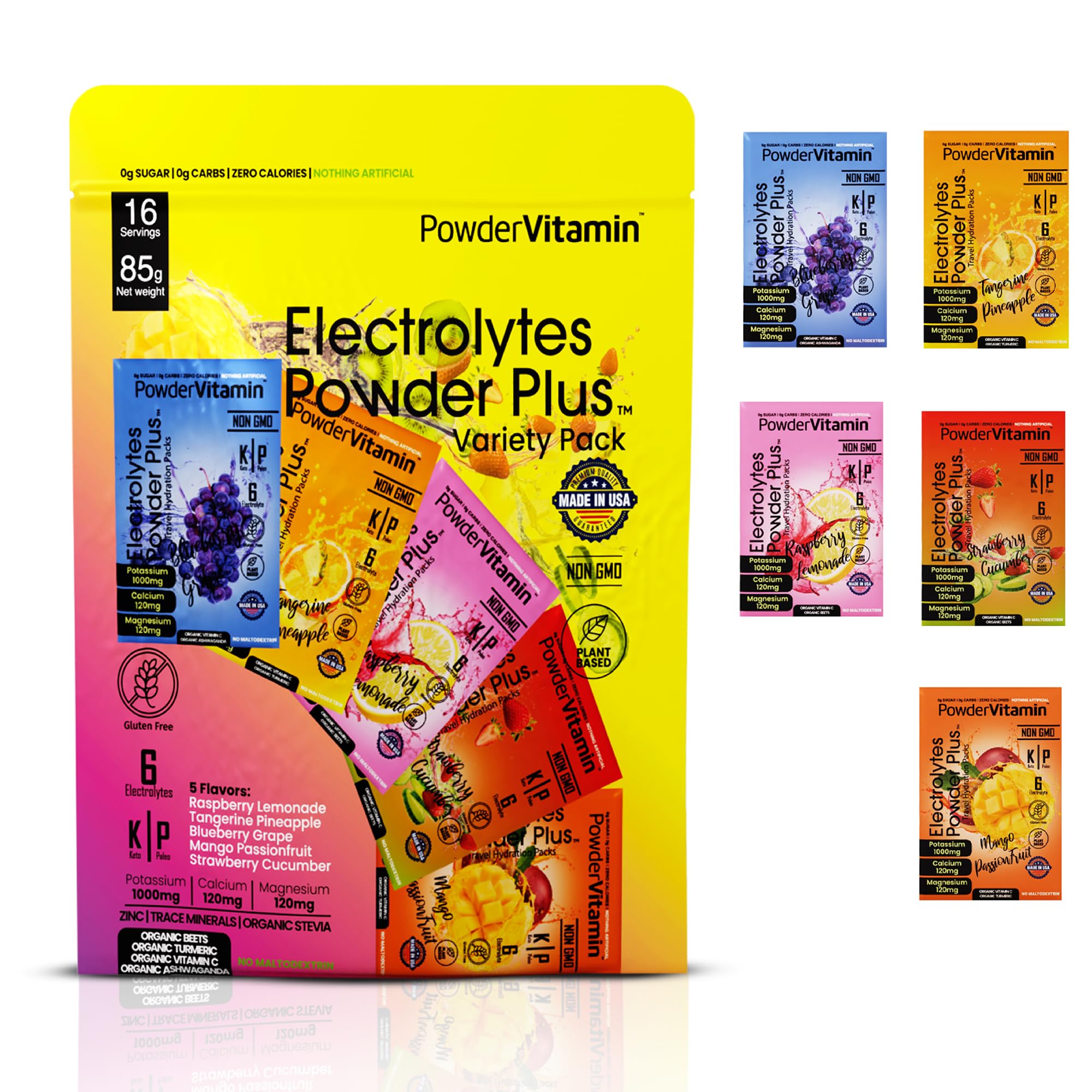 PowderVitamin Electrolytes Powder Plus en un vaso de agua para una hidratación rápida.
