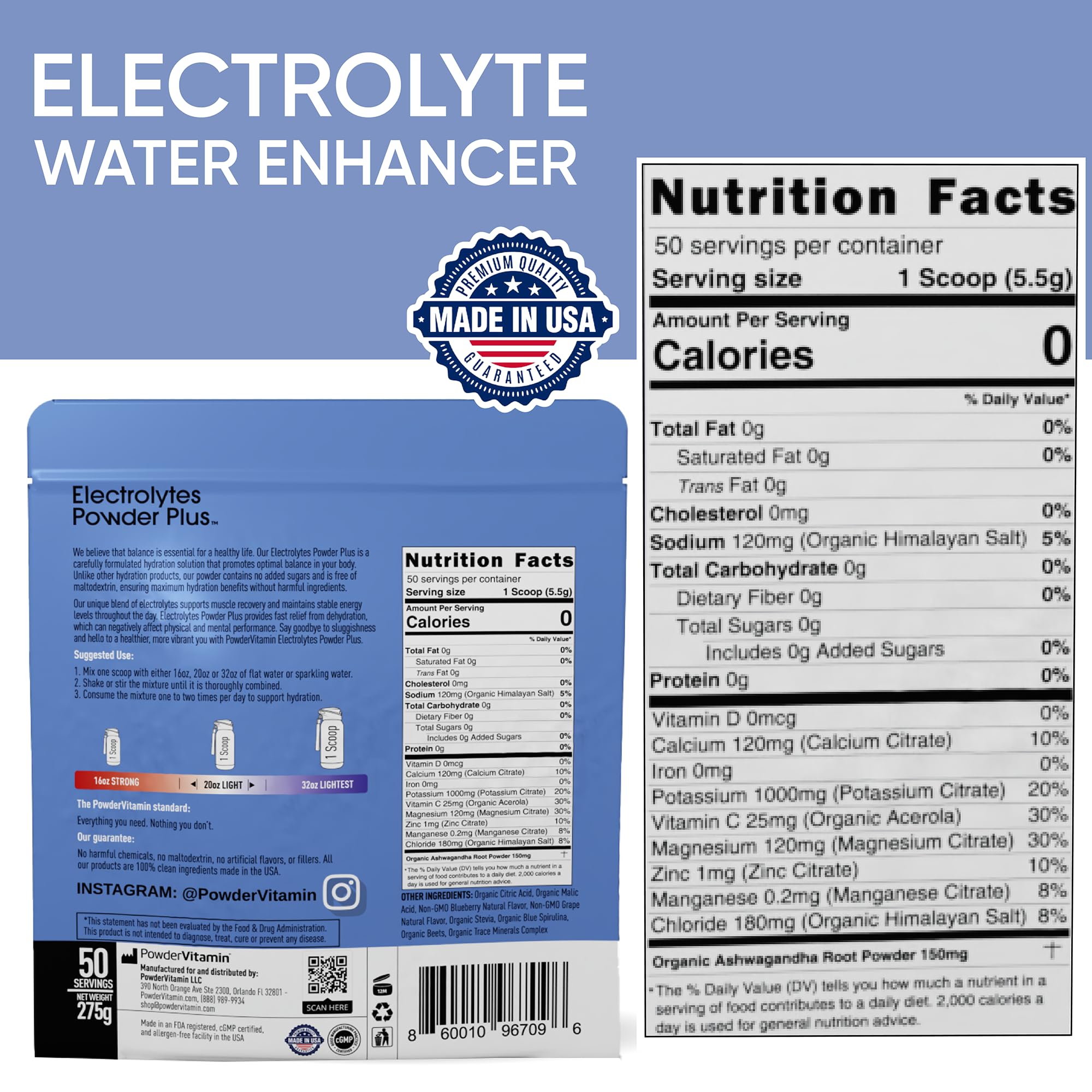 PowderVitamin Electrolytes Plus, vaso de agua con sabor arándano y uva, hidrata.