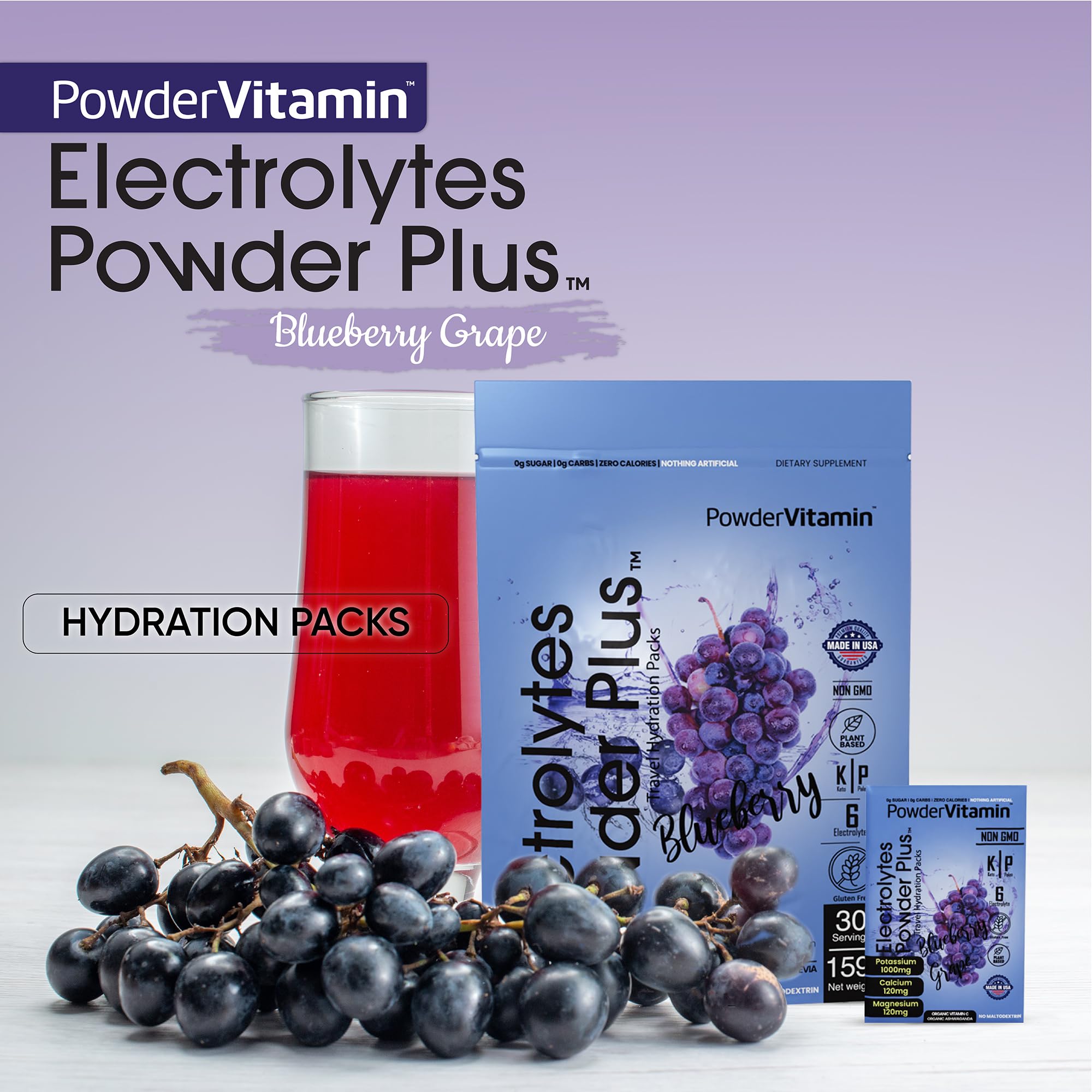PowderVitamin Electrolytes Plus preparación con un sobre en agua para hidratación rápida