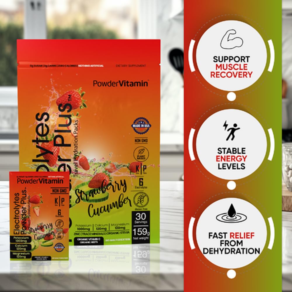 PowderVitamin Electrolytes sabor fresa pepino ideal para recuperación suave tras ejercitarse.