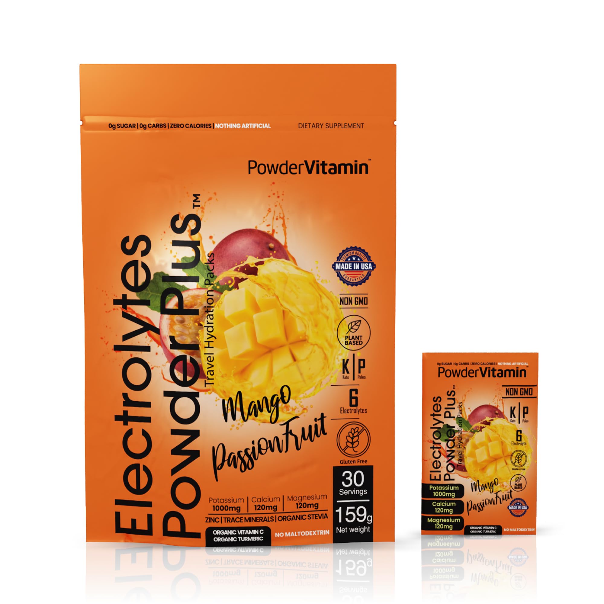 PowderVitamin electrolitos sobres mango-maracuyá para hidratación rápida sin calorías.