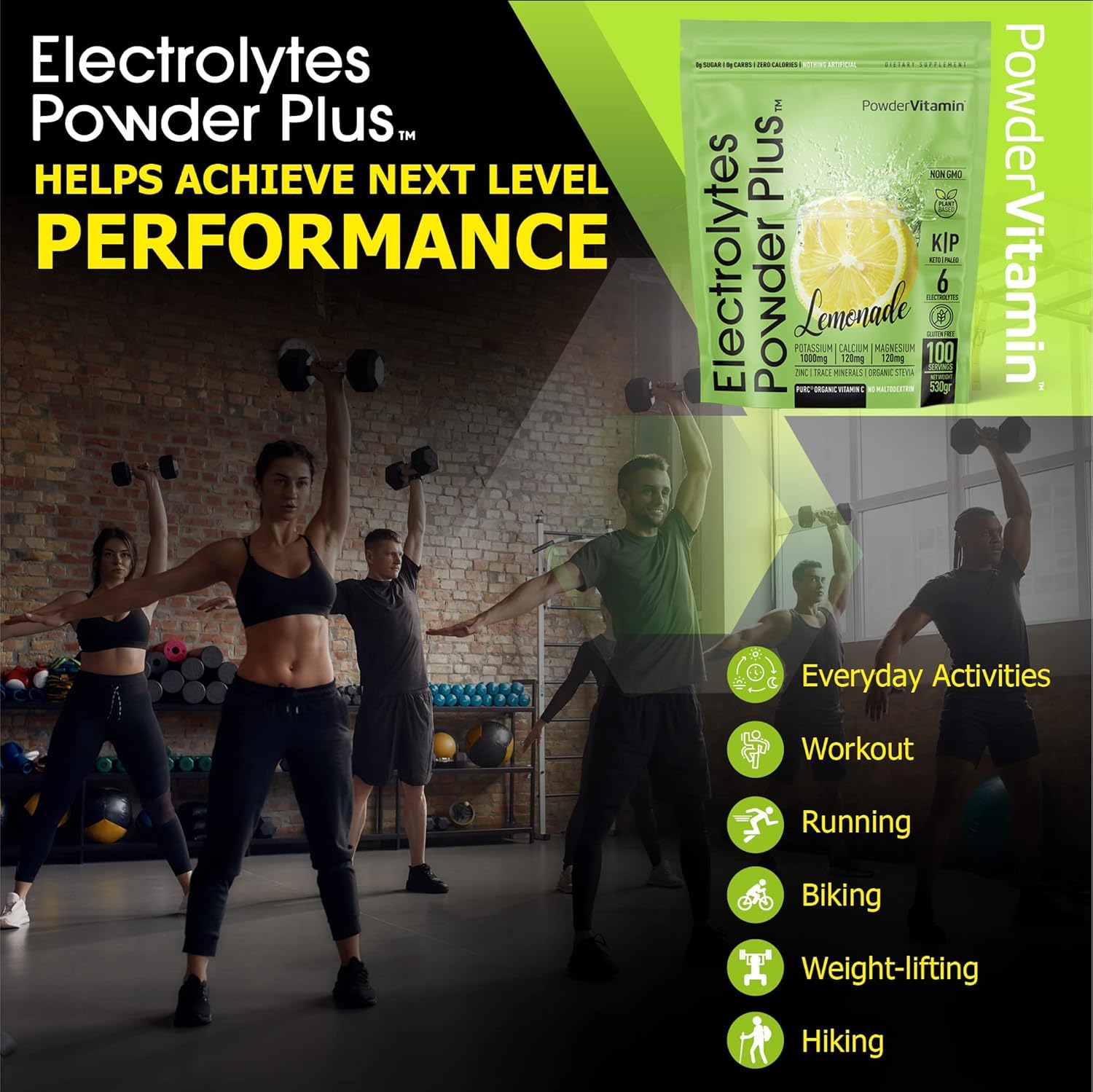 PowderVitamin Electrolytes uso post-entrenamiento para rehidratación eficiente.