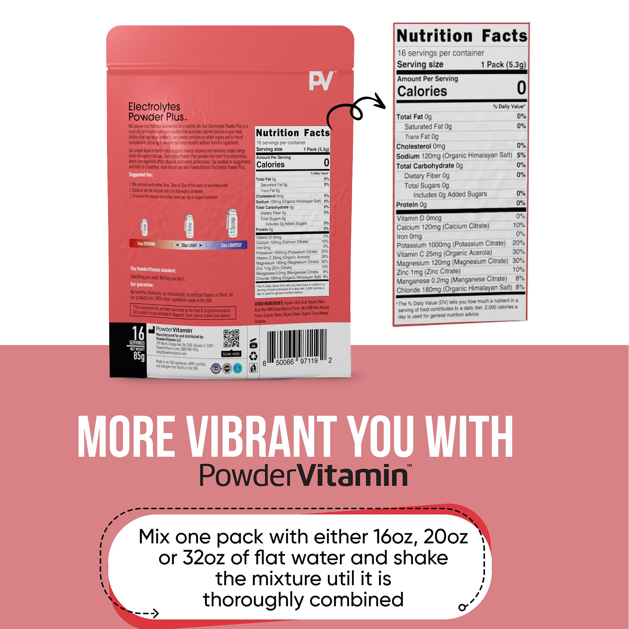 PowderVitamin Electrolytes vaso agua guayaba kiwi, opción rápida de hidratación.