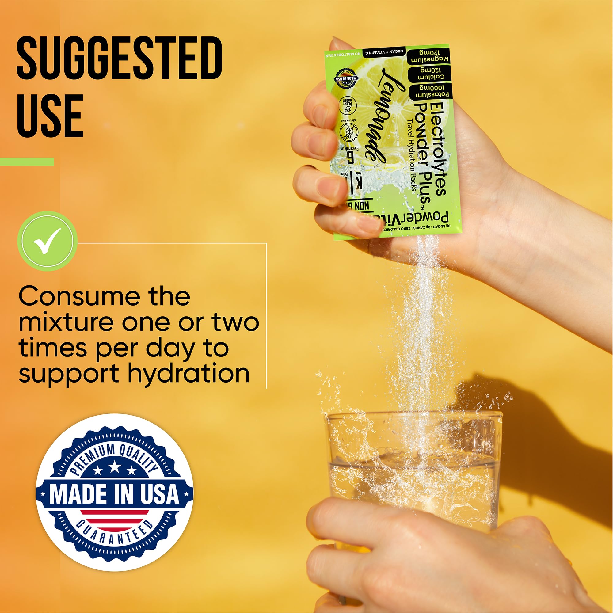 PowderVitamin Electrolytes verter en agua para bebida refrescante