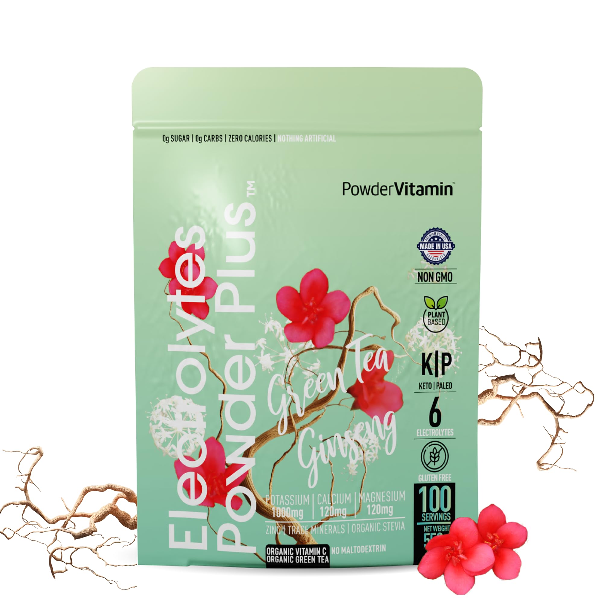 PowderVitamin envase 550 g de electrolitos con té verde y ginseng para hidratación