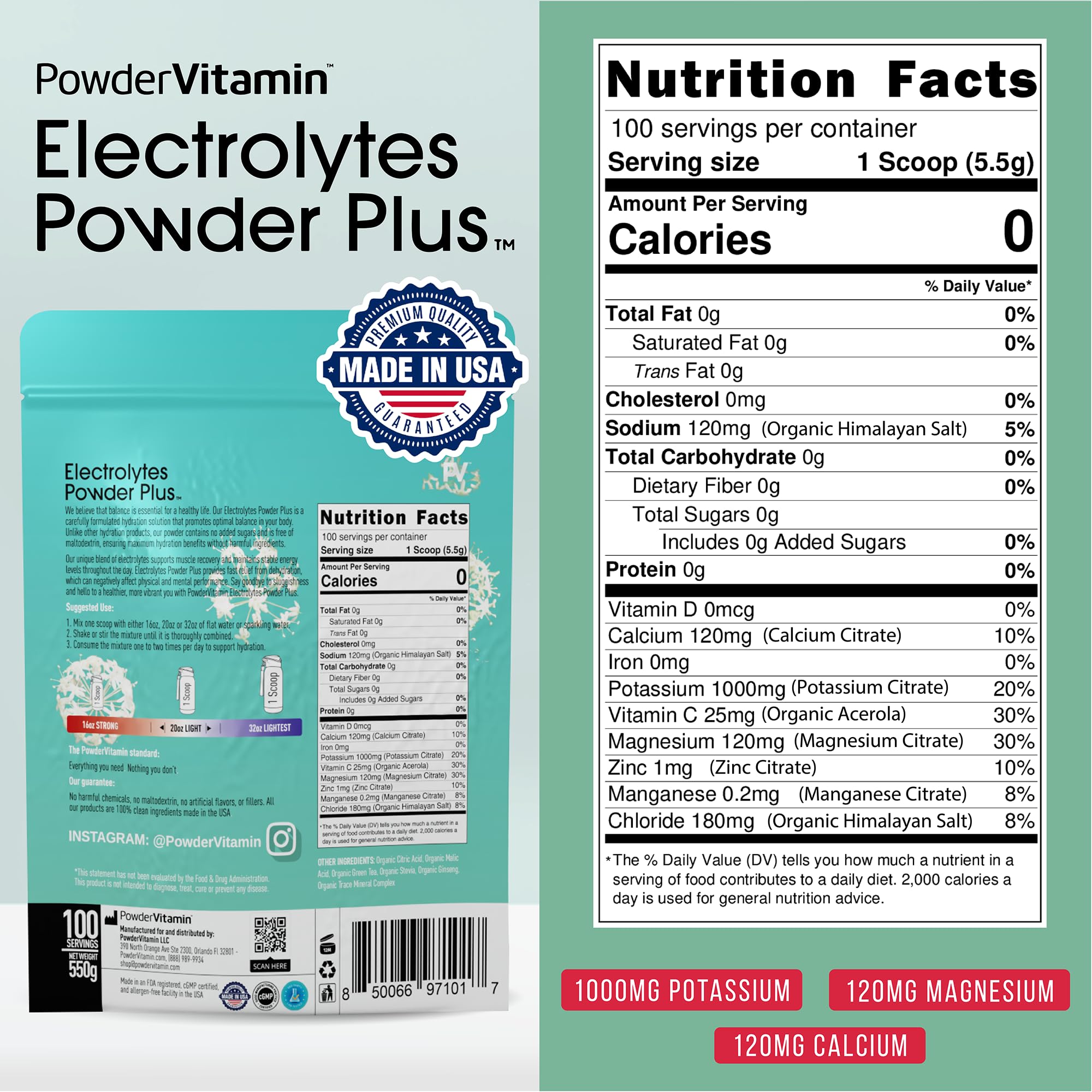PowderVitamin envase sellado facilita almacenamiento y porciones consistentes