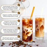 PowderVitamin etiqueta orgánica mostrando setas y colágeno de alta calidad.
