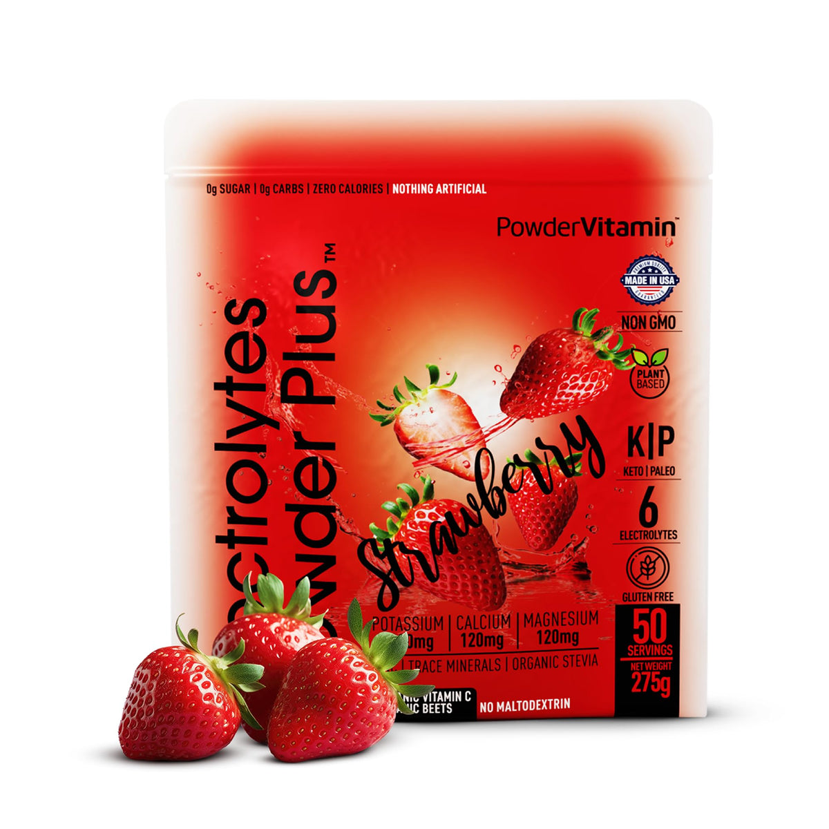 PowderVitamin electrolitos keto sabor fresa en bolsa, hidratación sin calorías