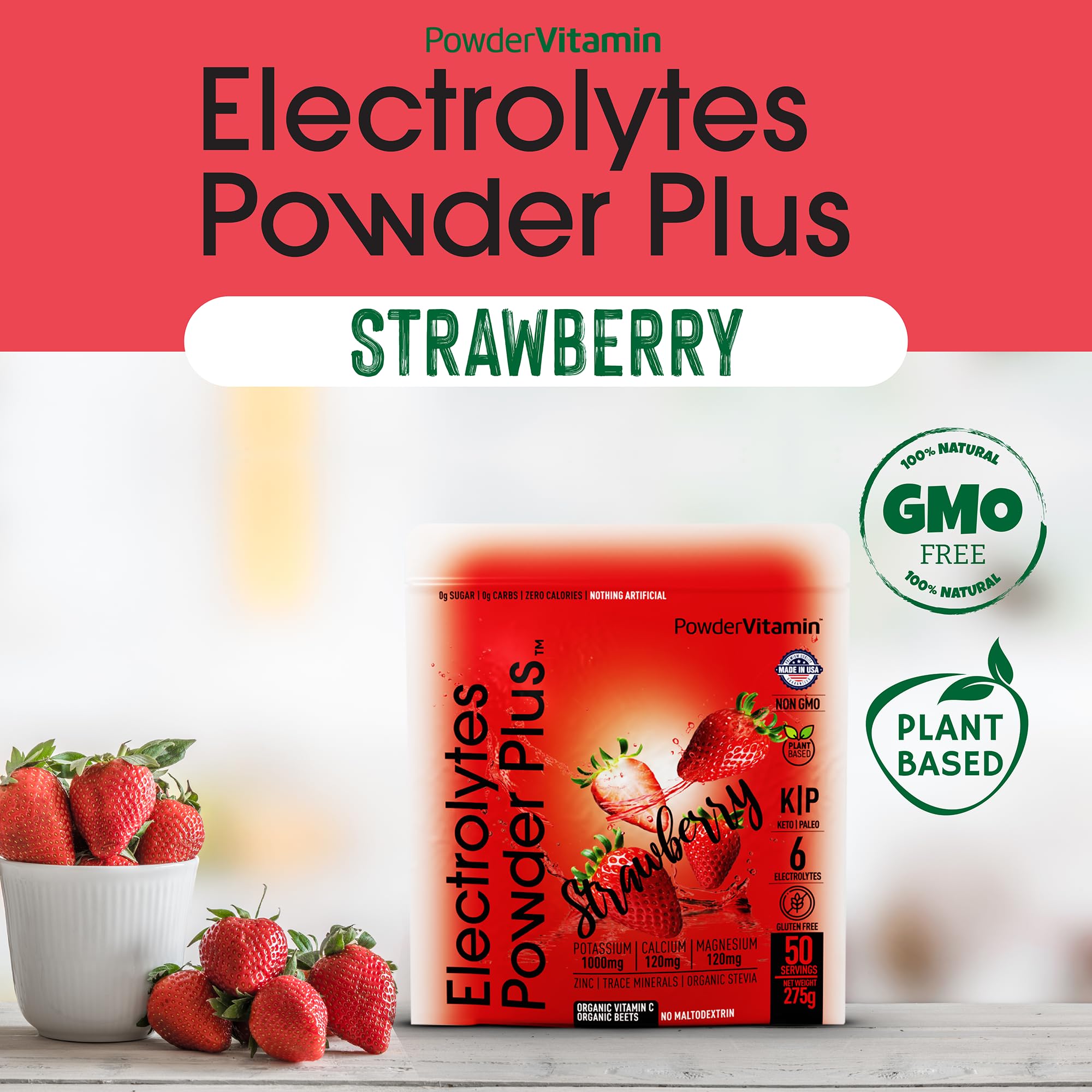 PowderVitamin electrolitos keto sabor fresa, ingredientes clave visibles