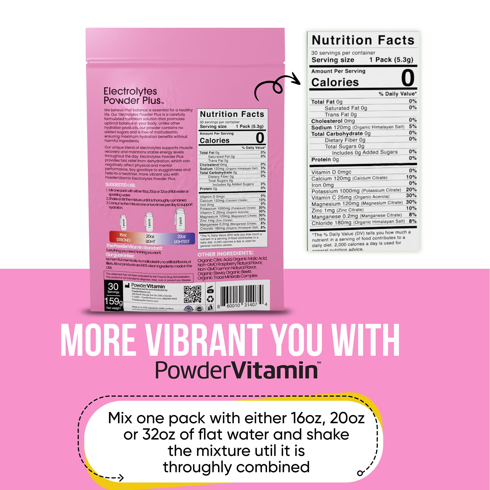 PowderVitamin minerales-potasio-calcio-magnesio que apoyan la hidratación durante actividad física.