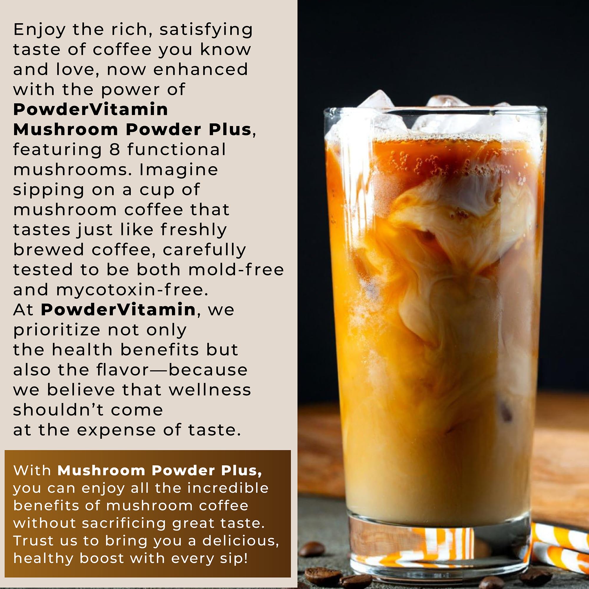 PowderVitamin polvo de setas al volcar sobre café para energía sostenida.
