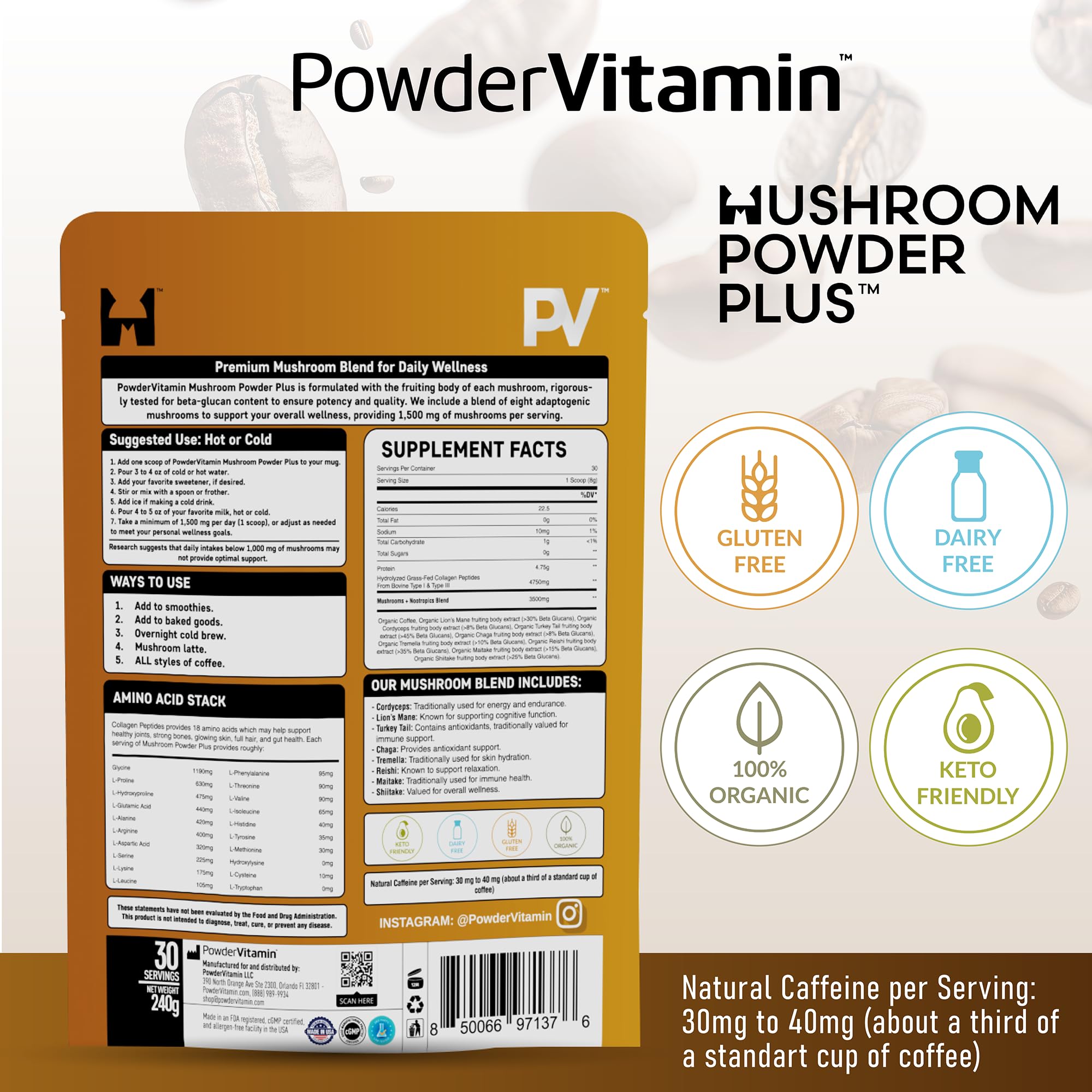 PowderVitamin polvo listo para mezclar en agua para energía y claridad mental.