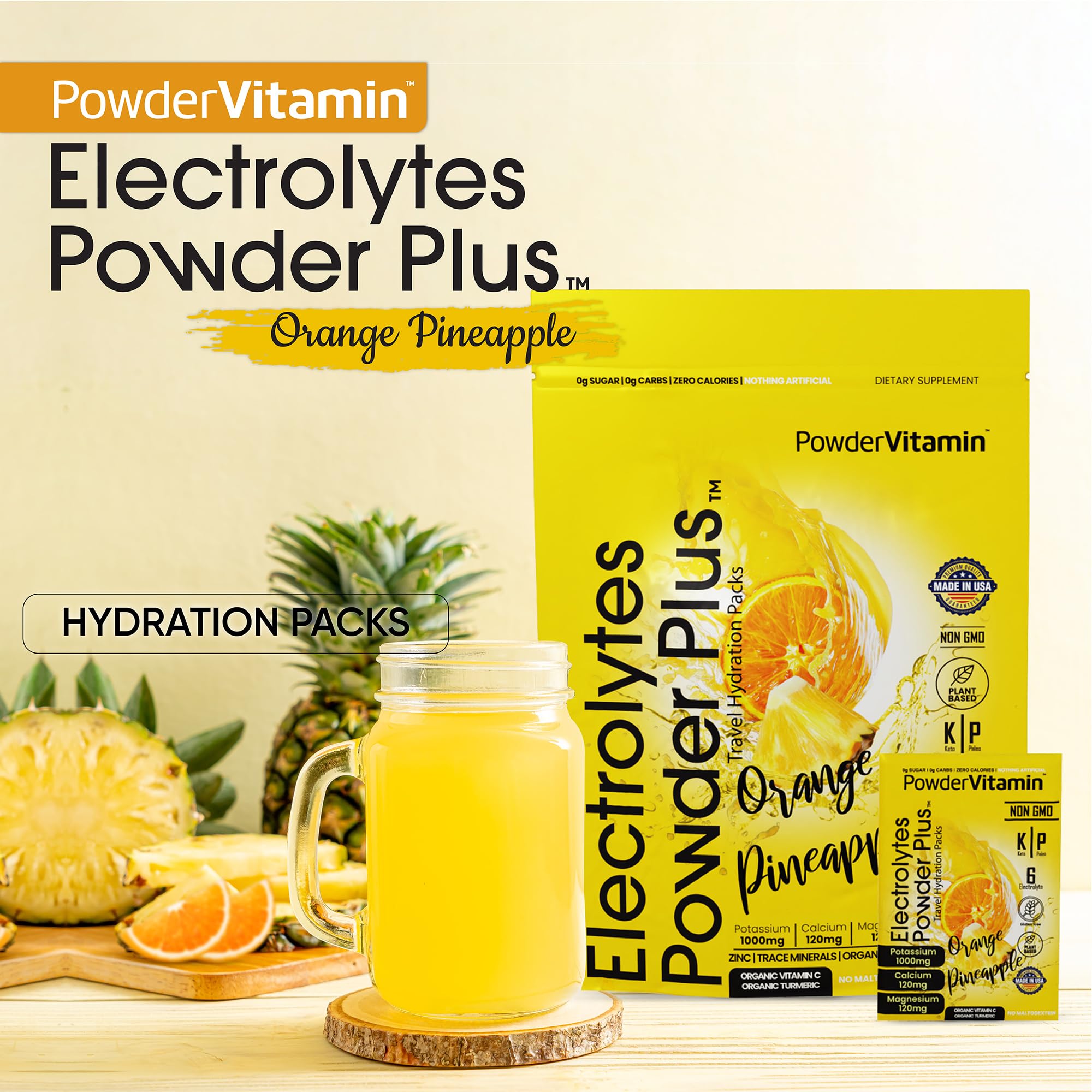 PowderVitamin sobres electrolitos 30 porciones, sabor naranja-pina para diario