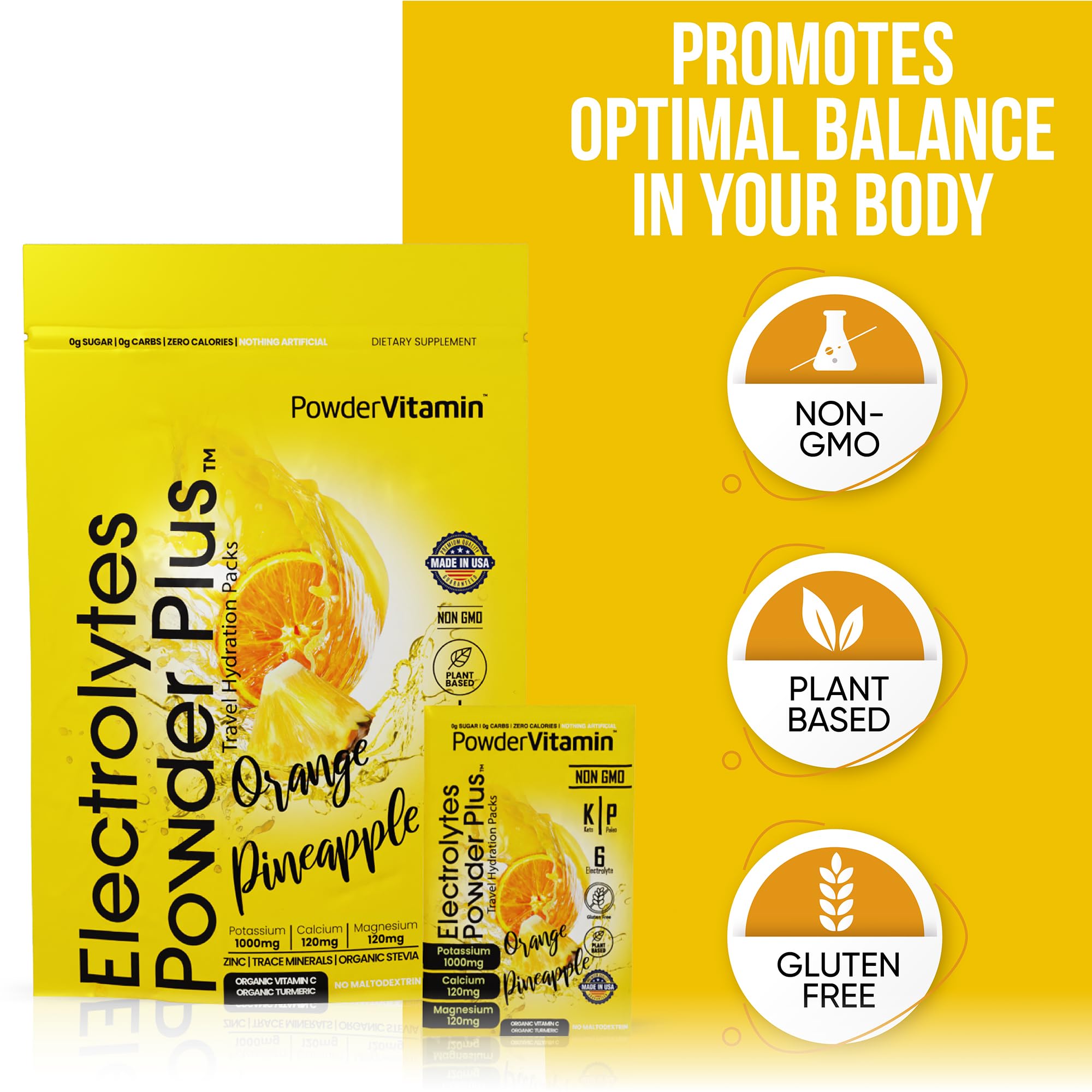 PowderVitamin en vaso de agua con sabor naranja-pina, bebida refrescante