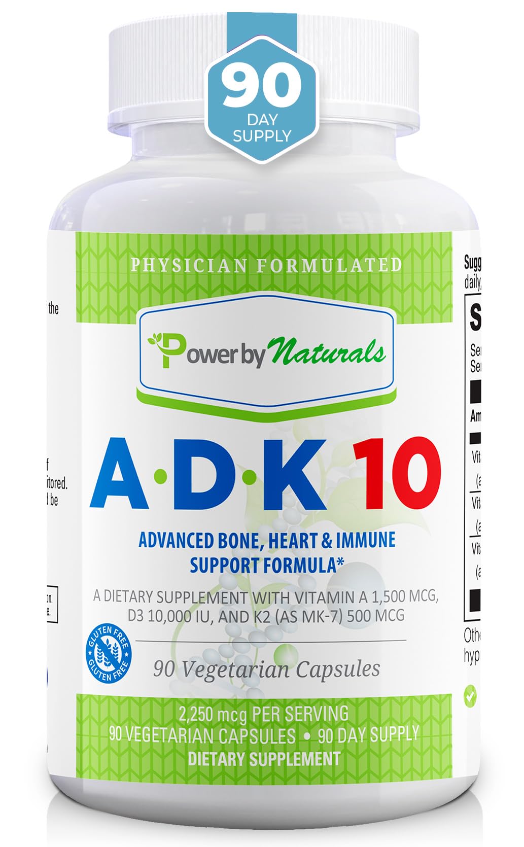 Power By Naturals ADK 10 botella frontal, apoyo diario a la salud ósea.