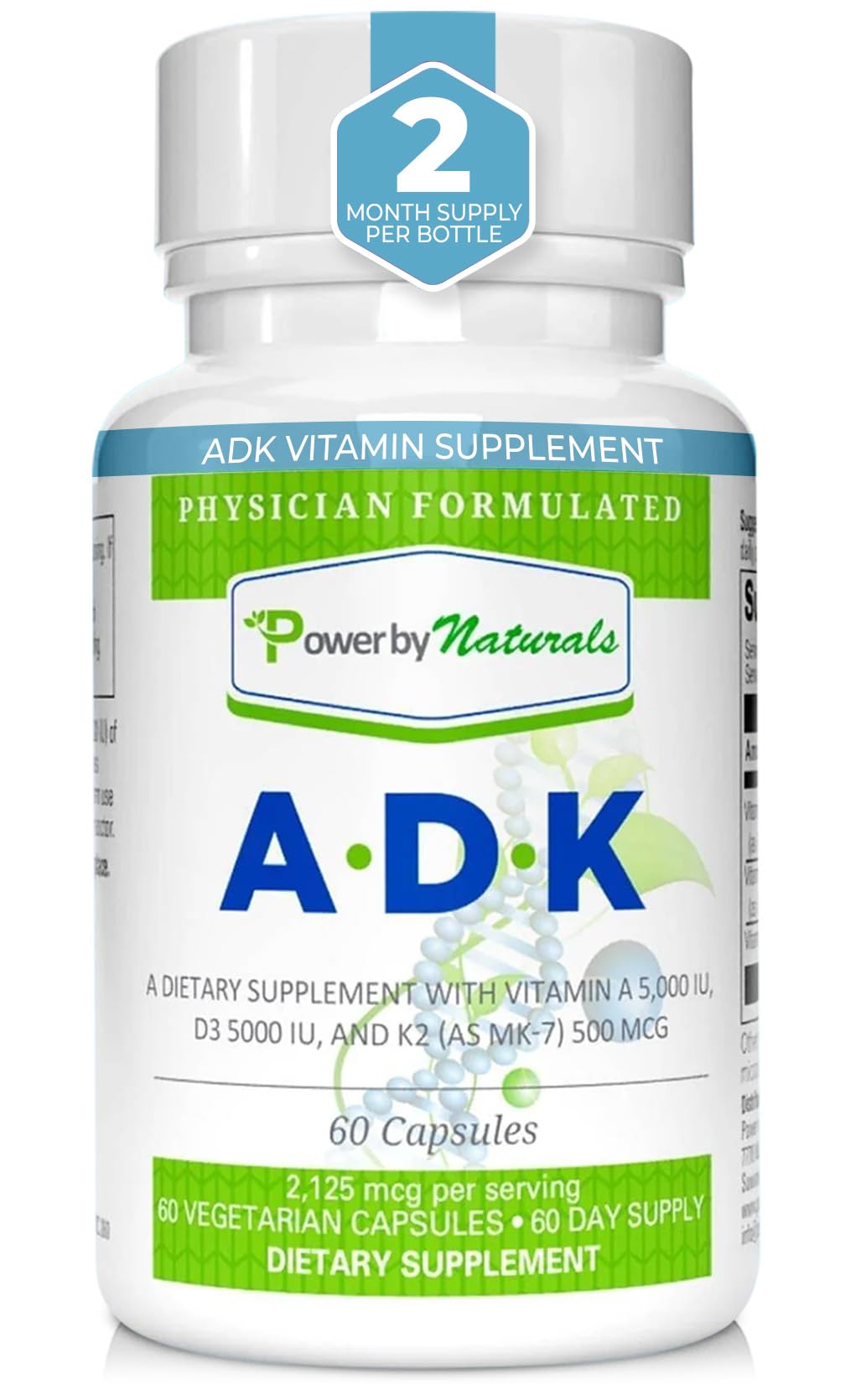 Power By Naturals ADK, botella en primer plano, apoya la salud ósea y la vitalidad diaria.