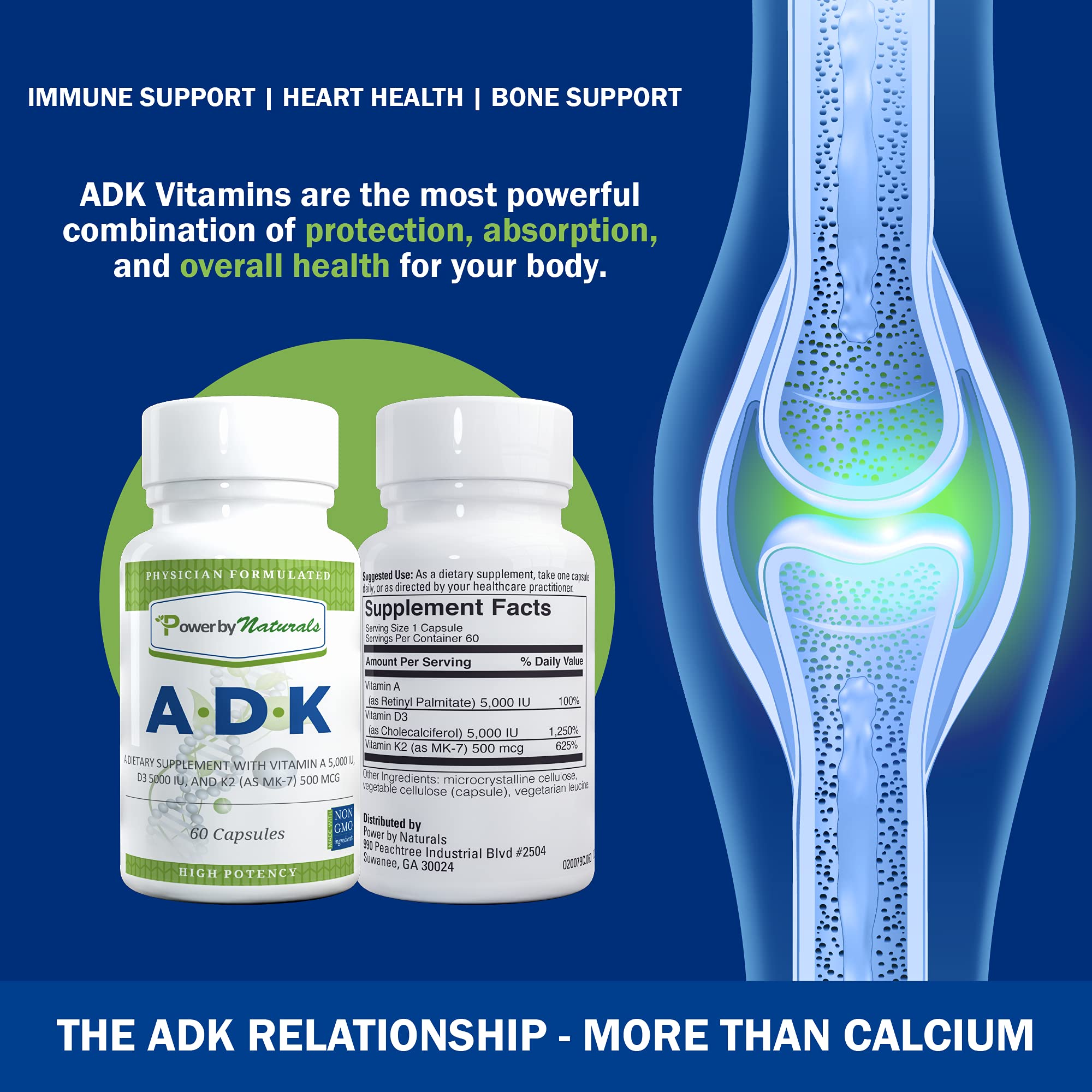 Power By Naturals ADK cápsulas vista de cerca, fórmula potente para salud ósea.