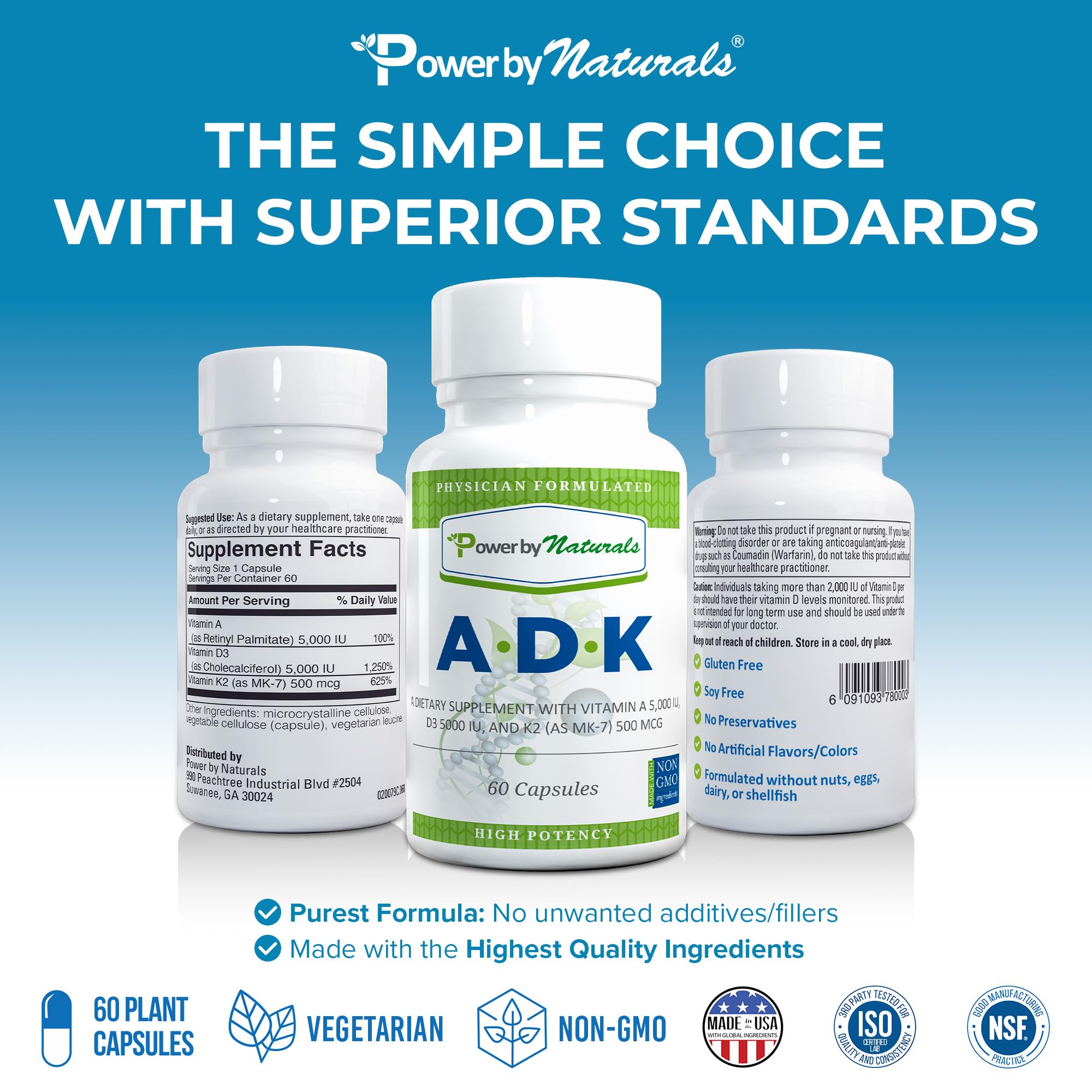 Power By Naturals ADK, etiqueta trasera, ingredientes clave para absorción de nutrientes.