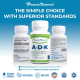 Power By Naturals ADK, etiqueta trasera, ingredientes clave para absorción de nutrientes.