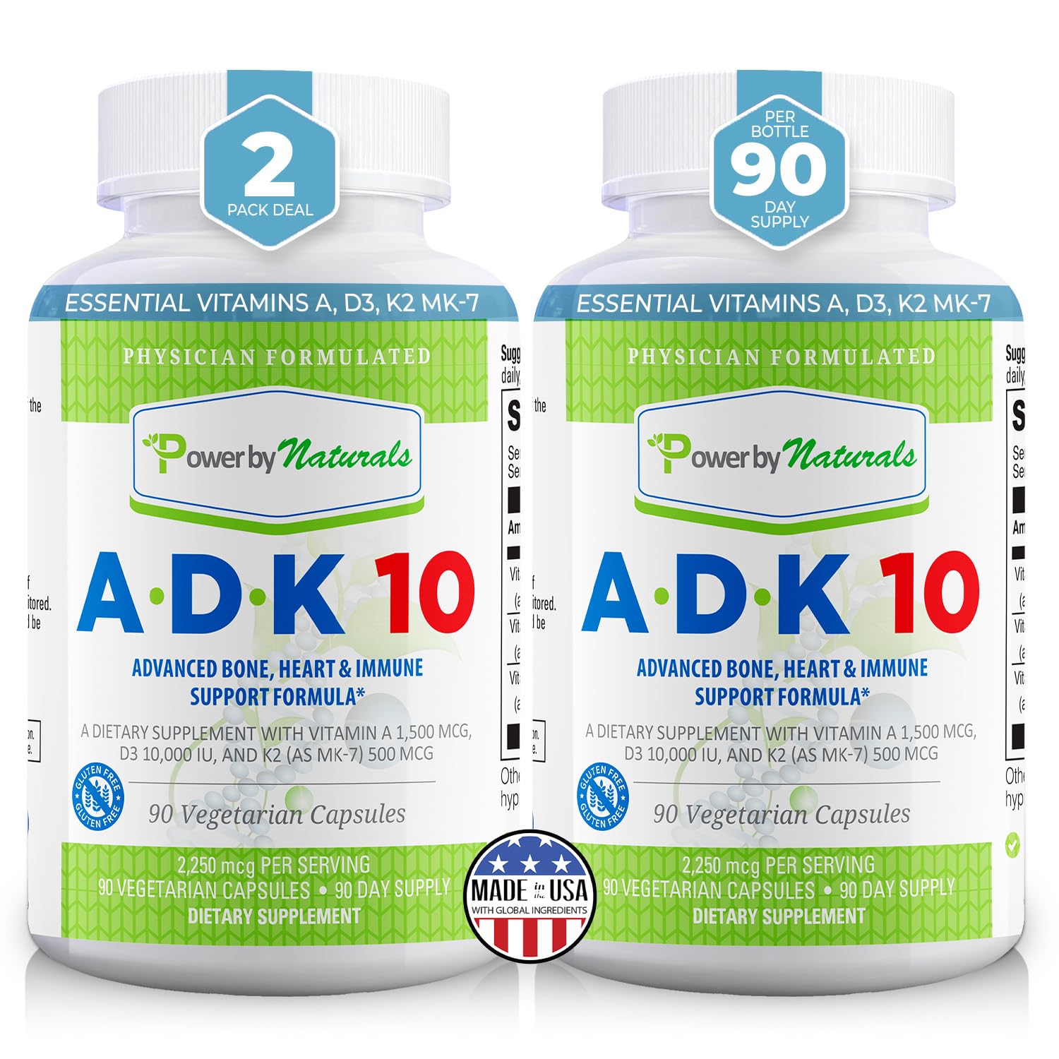 Power By Naturals ADK 10, botella frontal, fácil uso para la salud ósea