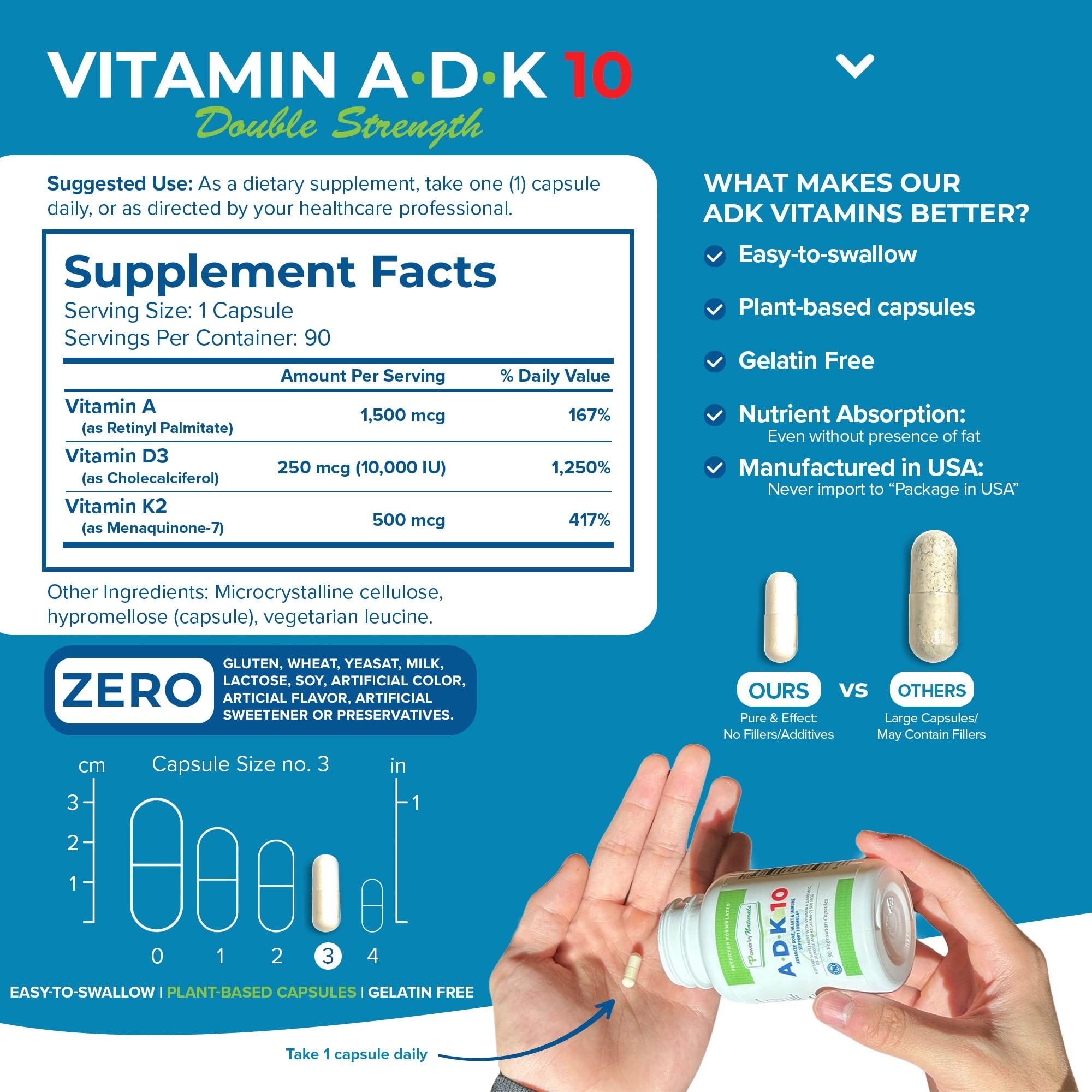 Power By Naturals ADK 10, botella lateral, diseño compacto para diario
