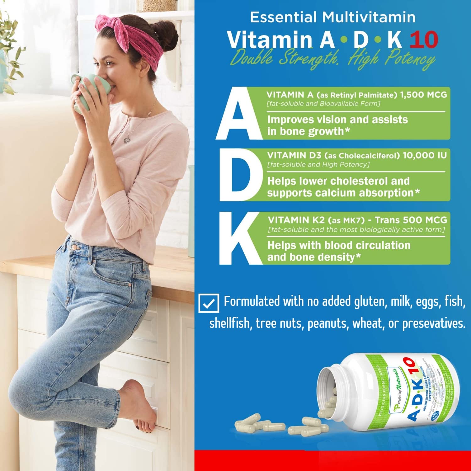 Power By Naturals ADK 10, cápsulas detalle, alta potencia vitamínica