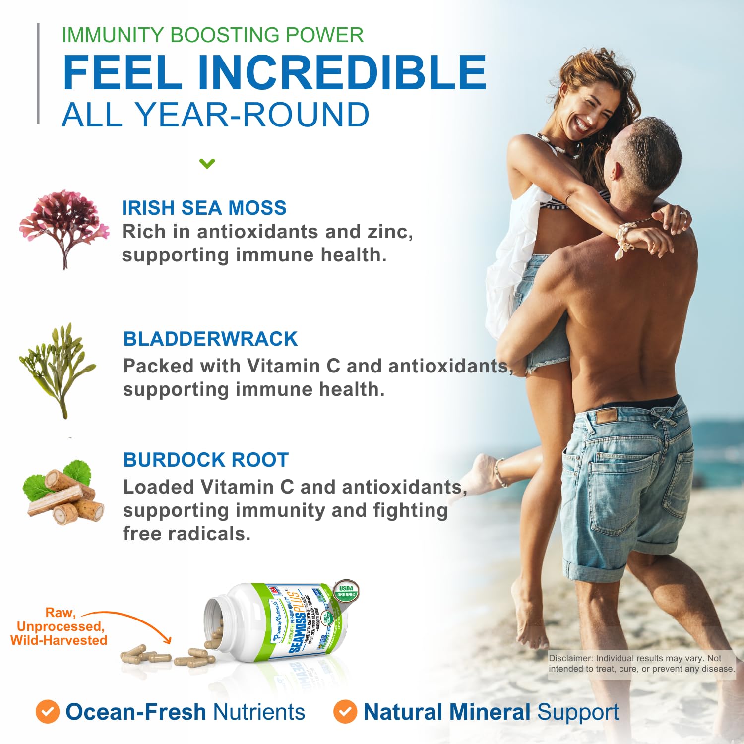 Power By Naturals Musgo Mar Plus, etiqueta orgánica visible, indica ingredientes naturales.