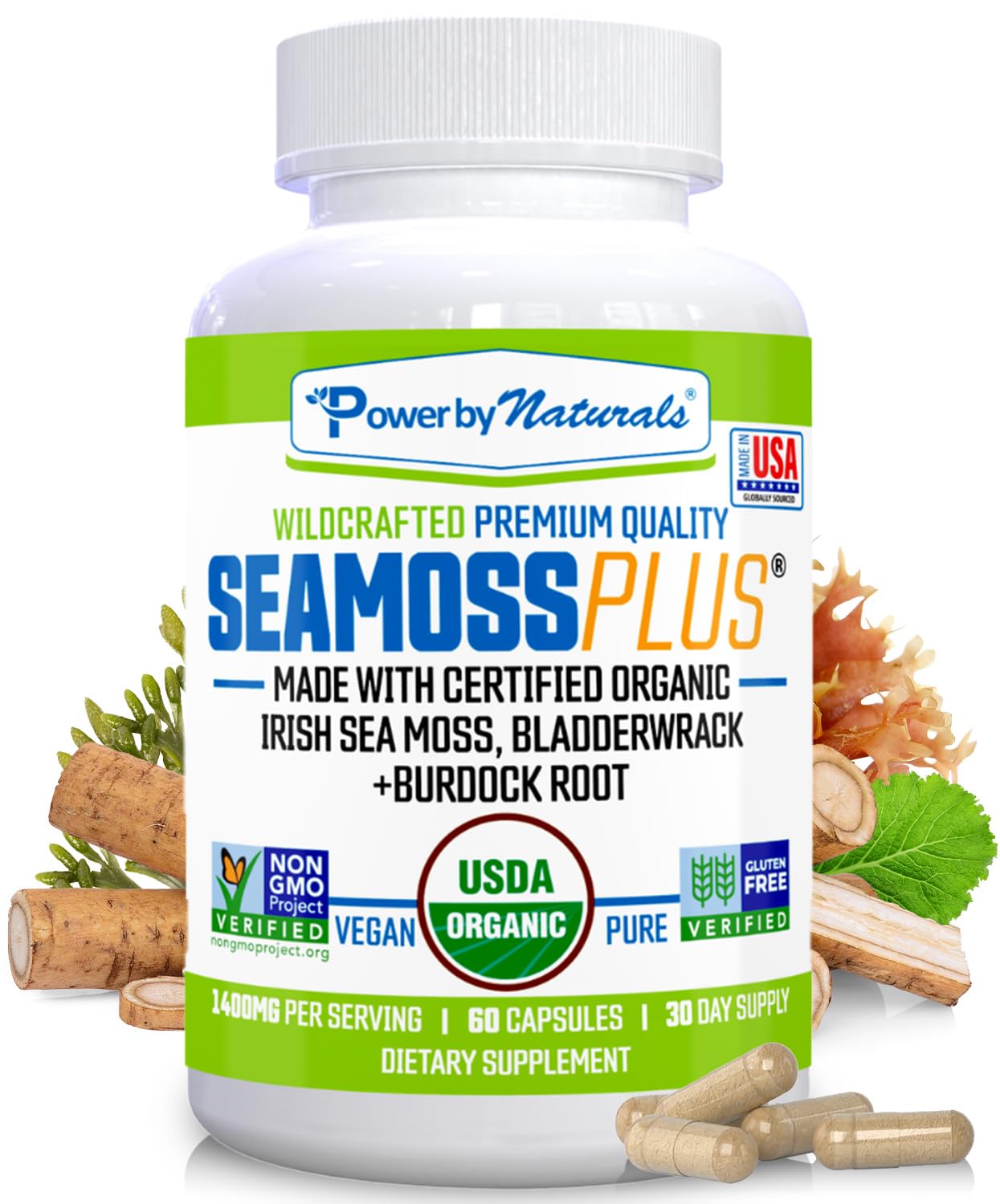 Power By Naturals SeaMoss Plus, caja frontal, presentación limpia para bienestar diario.