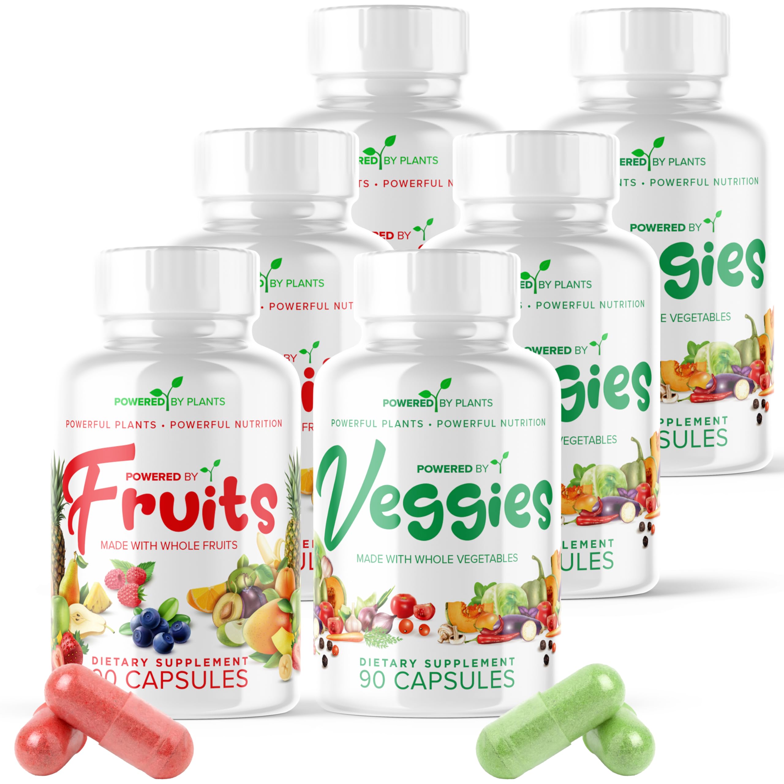 POWERED X PLANTS cápsulas de frutas y verduras en botella para bienestar diario.