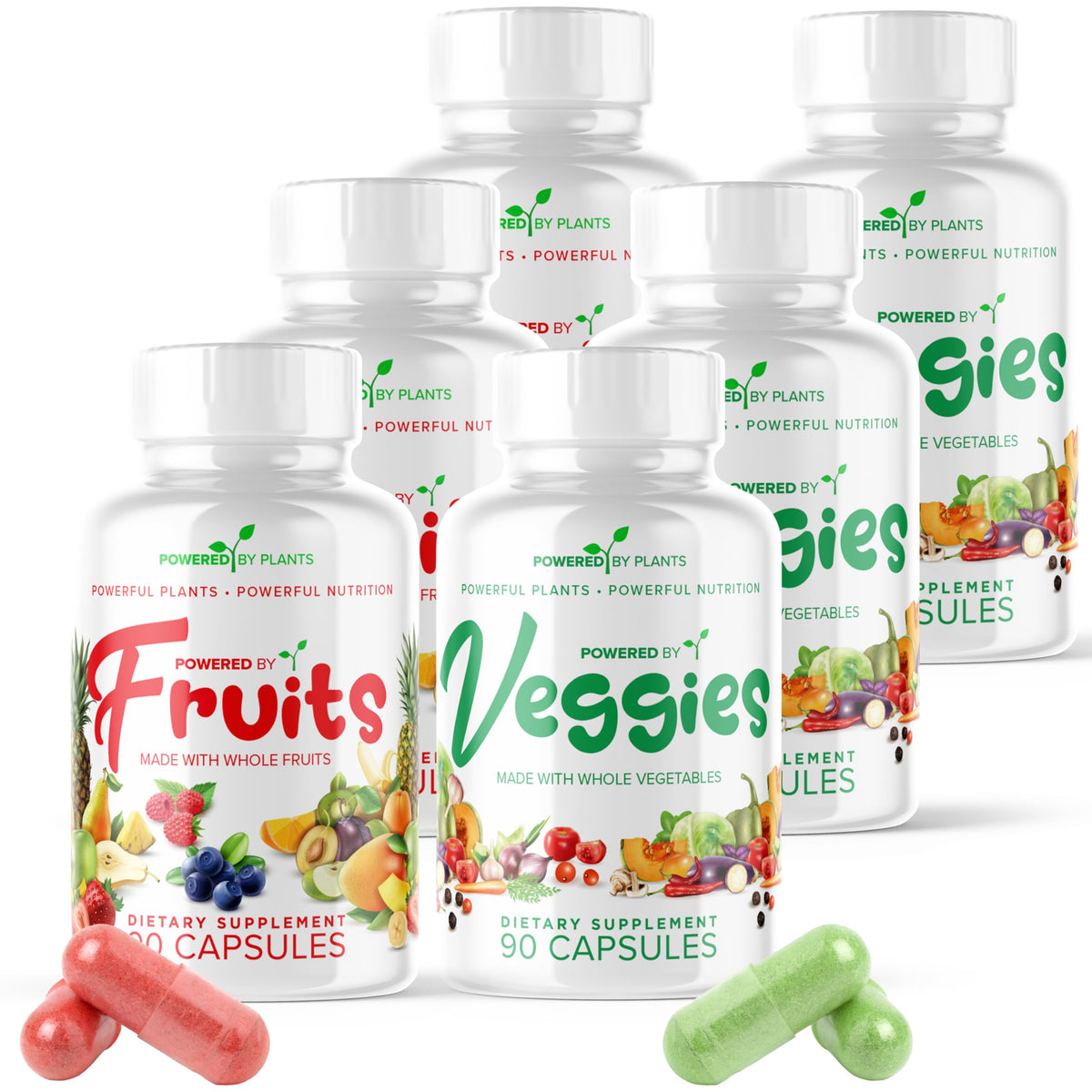 POWERED X PLANTS cápsulas de frutas y verduras en botella para bienestar diario.