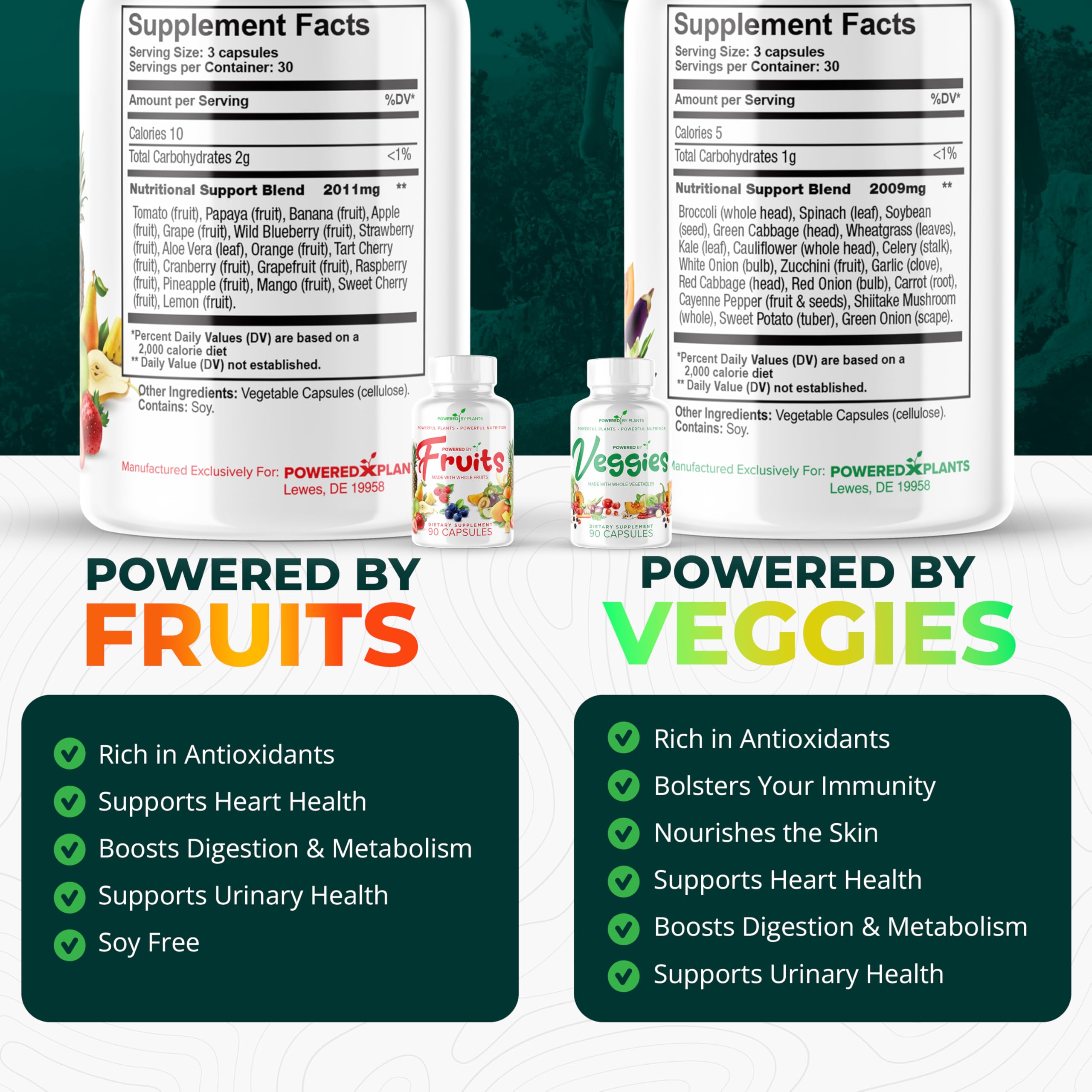 POWERED X PLANTS mezcla de frutas y verduras para aporte vitamínico.