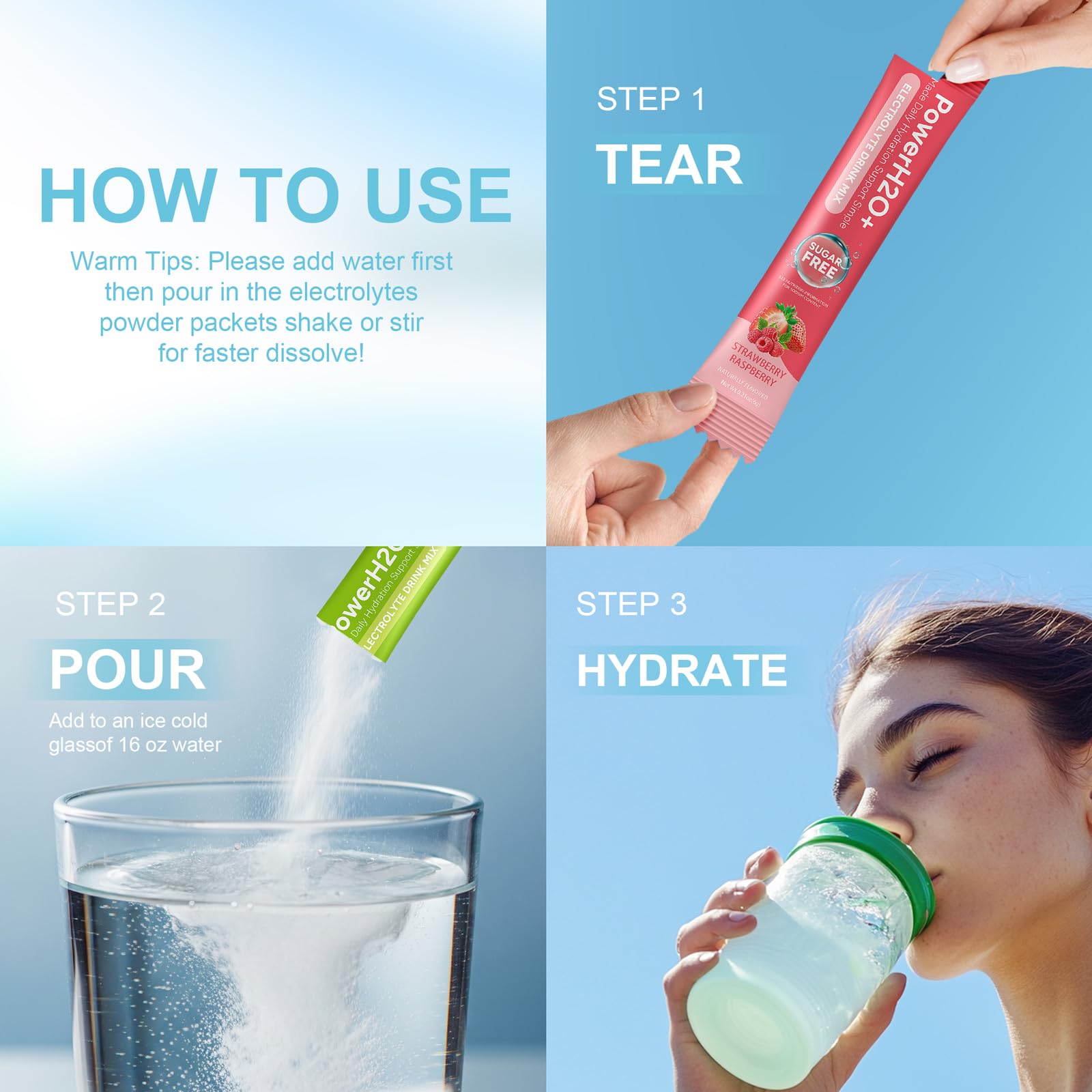 PowerH2O+ bolsitas fresa-frambuesa para sabor y hidratación