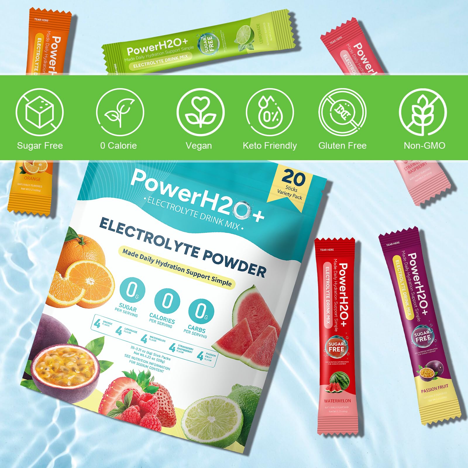 PowerH2O+ bolsitas uva para hidratación sabrosa y cero calorías