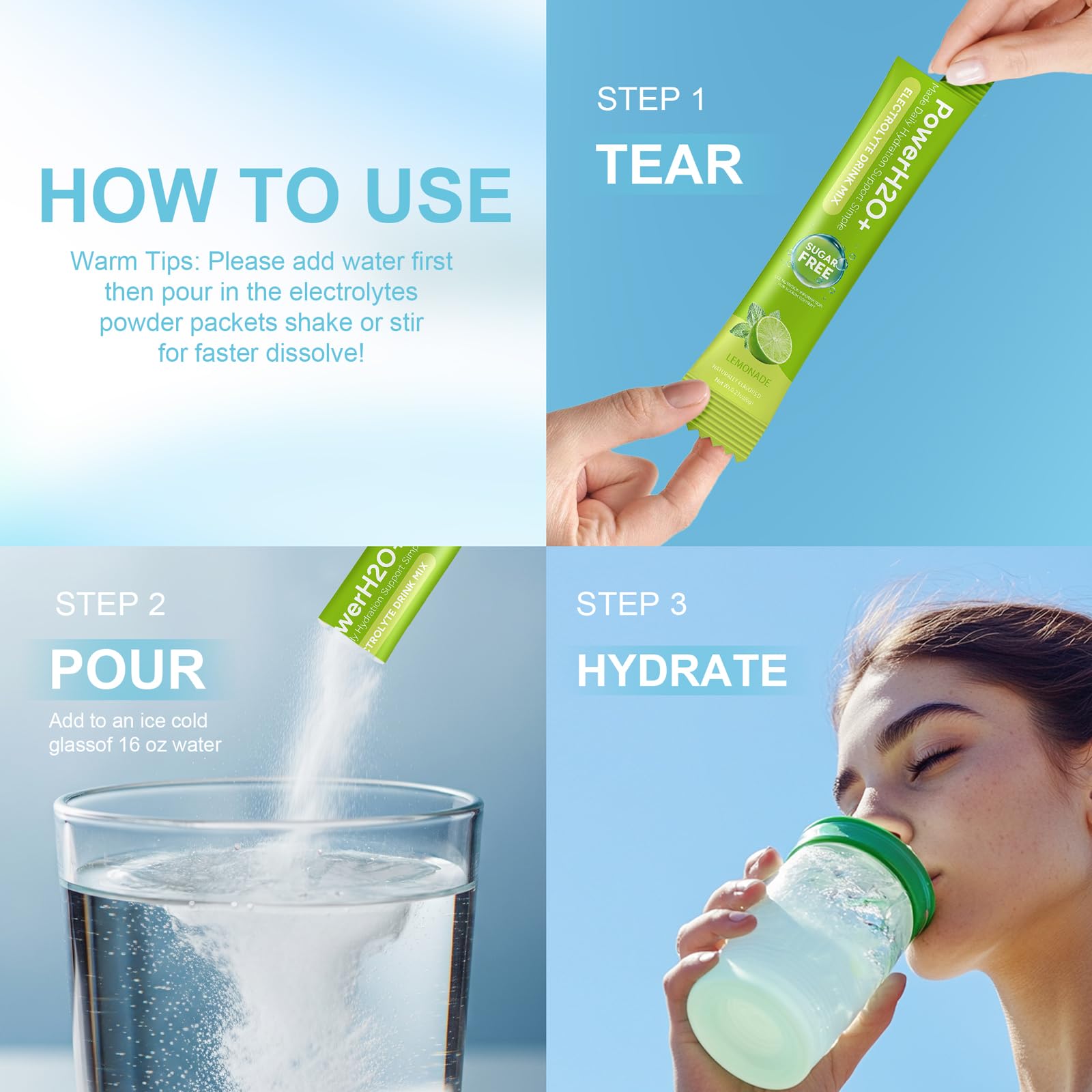 PowerH2O+ fresa: sobre para sabor agradable y hidratación rápida.