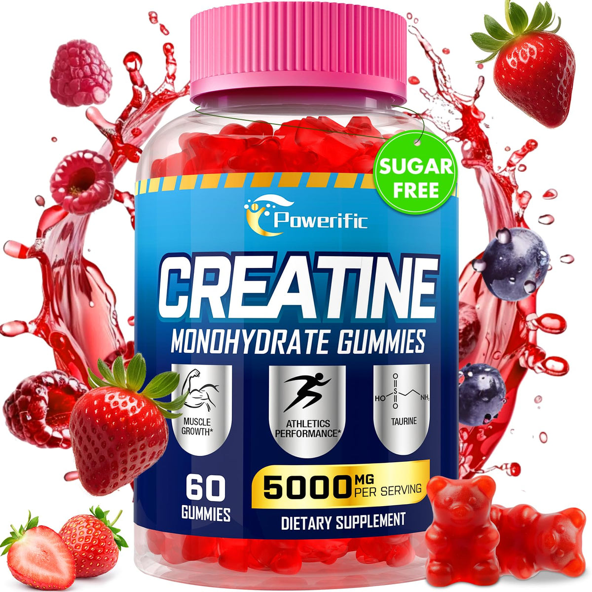 Powerific Gomitas de Creatina Monohidrato, botella, apoyo a la recuperación muscular.