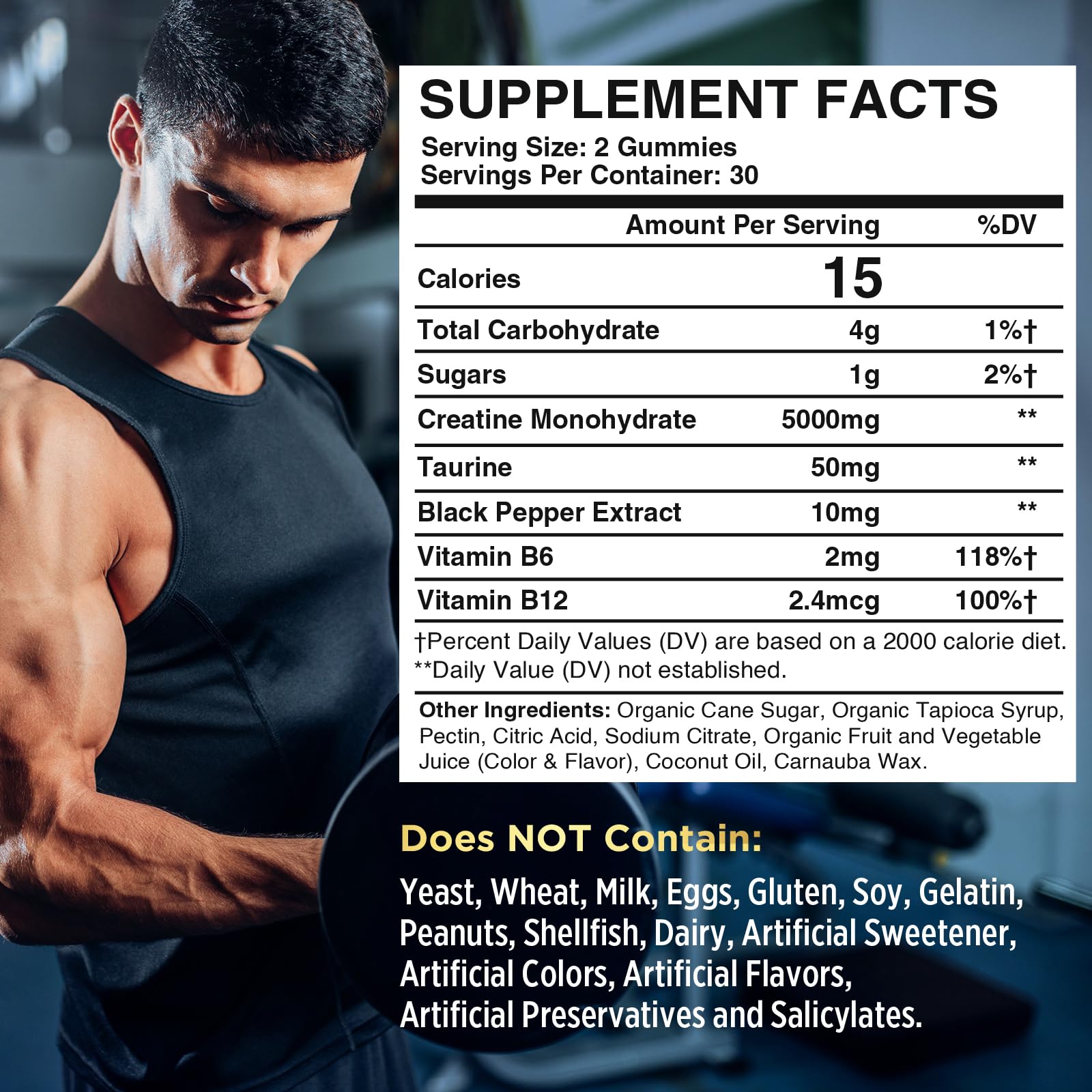 Etiqueta clara de Powerific Gomitas, fórmula para energía y resistencia durante el entrenamiento.