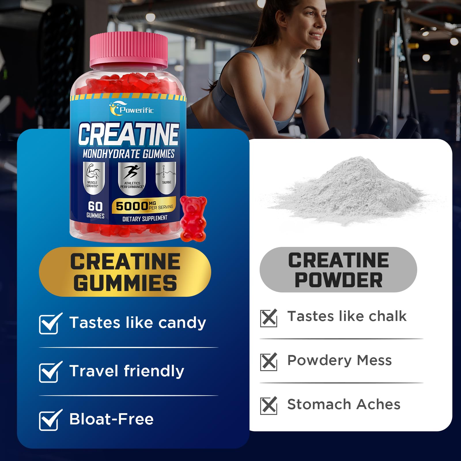 Ingredientes clave de Powerific: creatina monohidrato y vitaminas B6/B12.