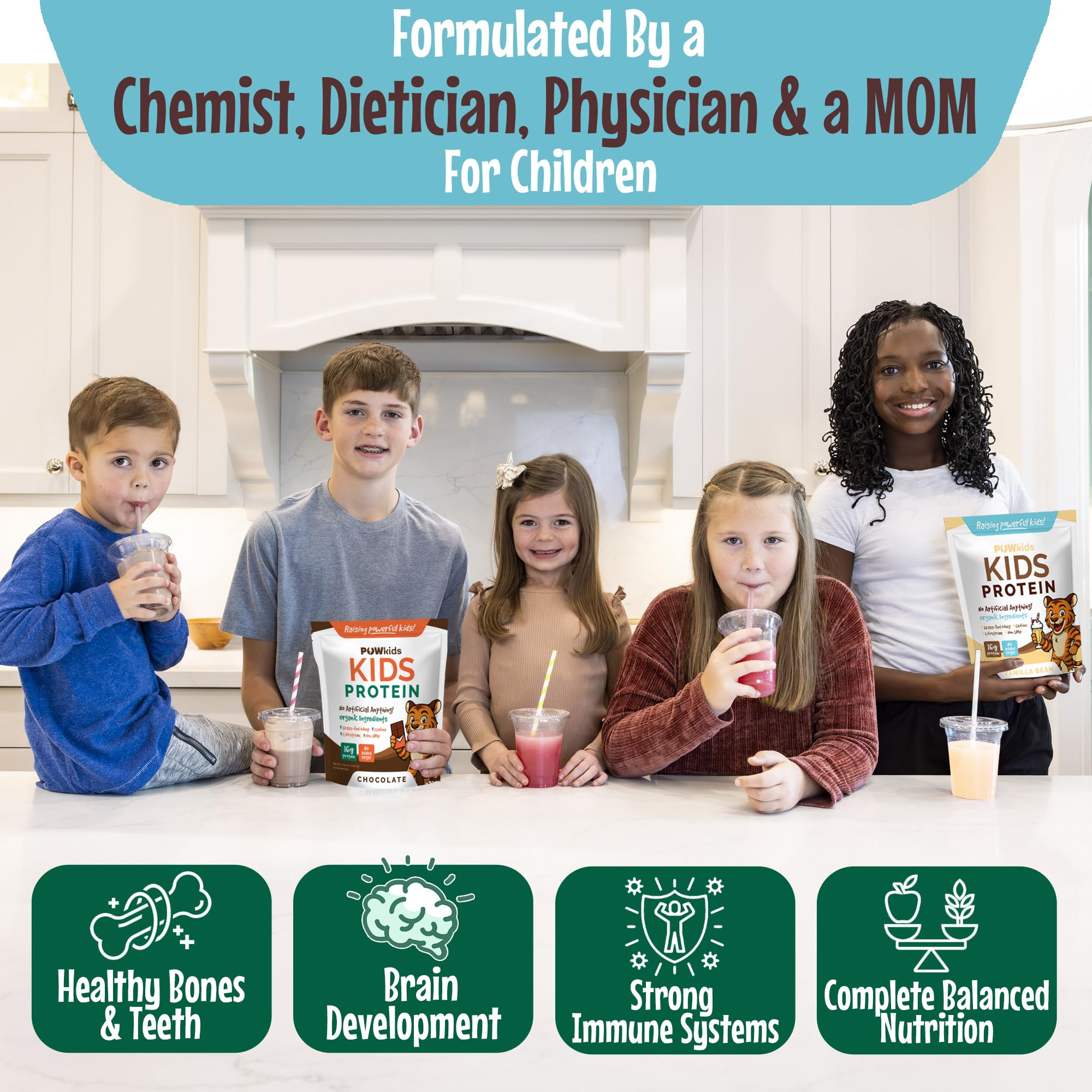 PowKids ingredientes orgánicos de vainilla, batido limpio y sabroso para niños.