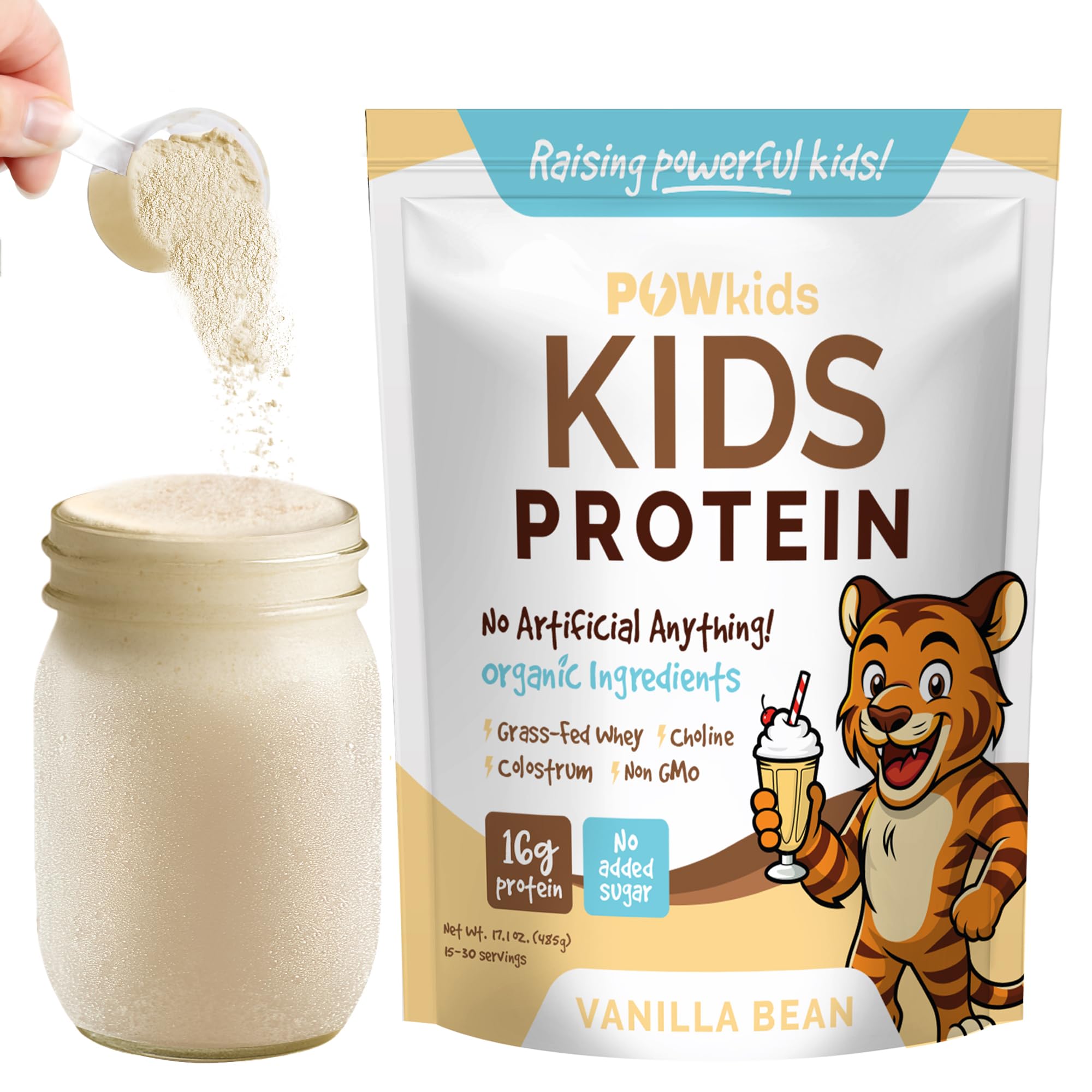 PowKids proteina para niños en pote, sabor vainilla, batidos cremosos.