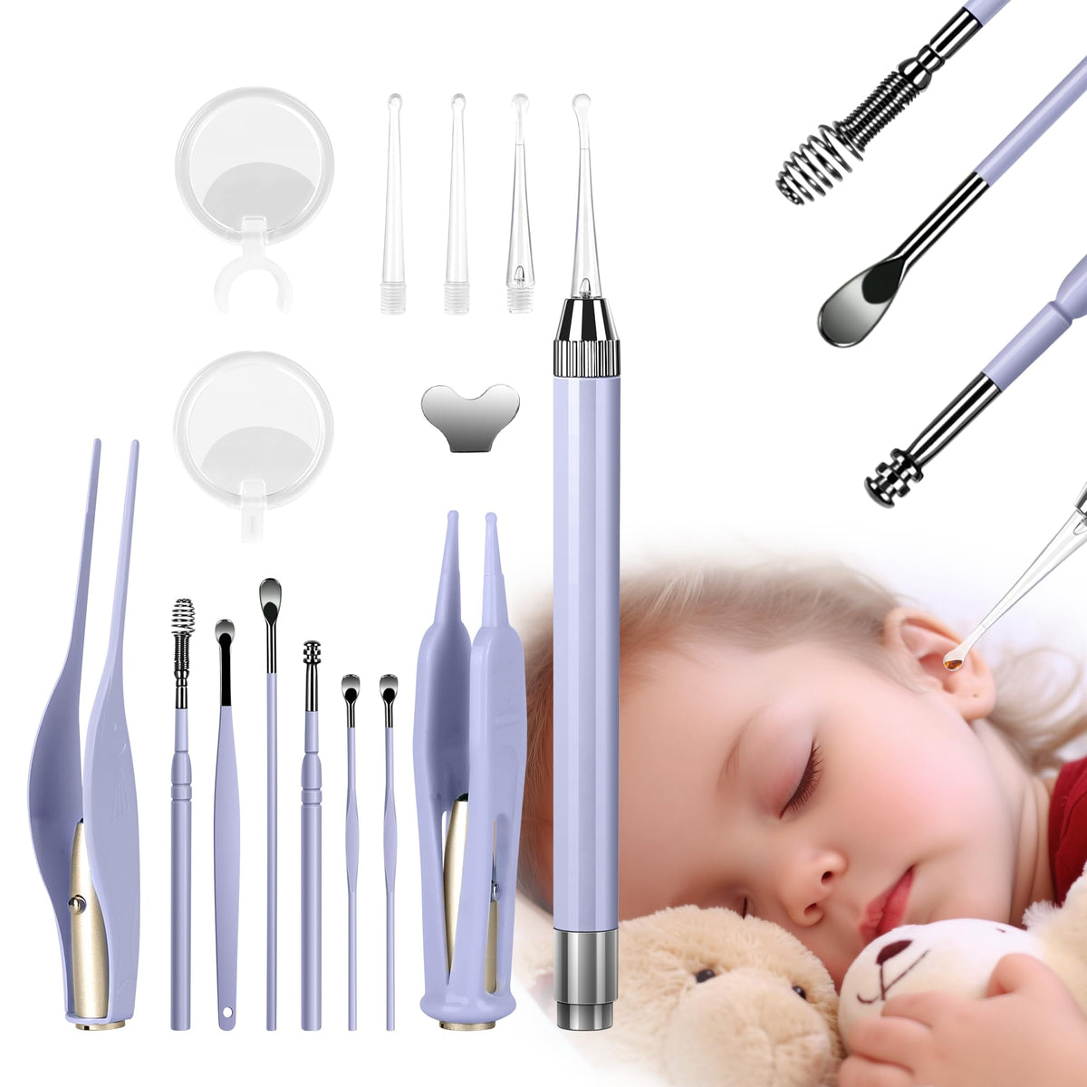 POZILAN kit de limpieza de oídos con luz LED y estuche, ideal para uso familiar.